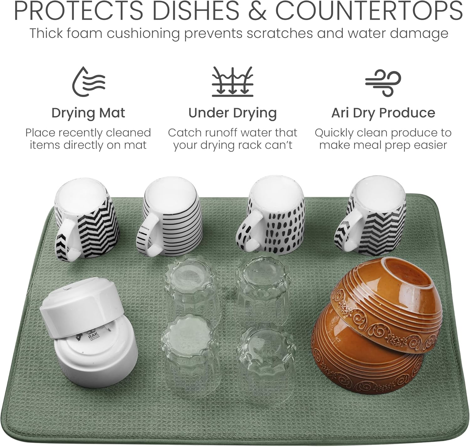 Bellemain XXL Dish Mat 24" X 17" ( LARGEST MAT ) Microfiber Dish Drying Mat , Super Absorbent ( Green )