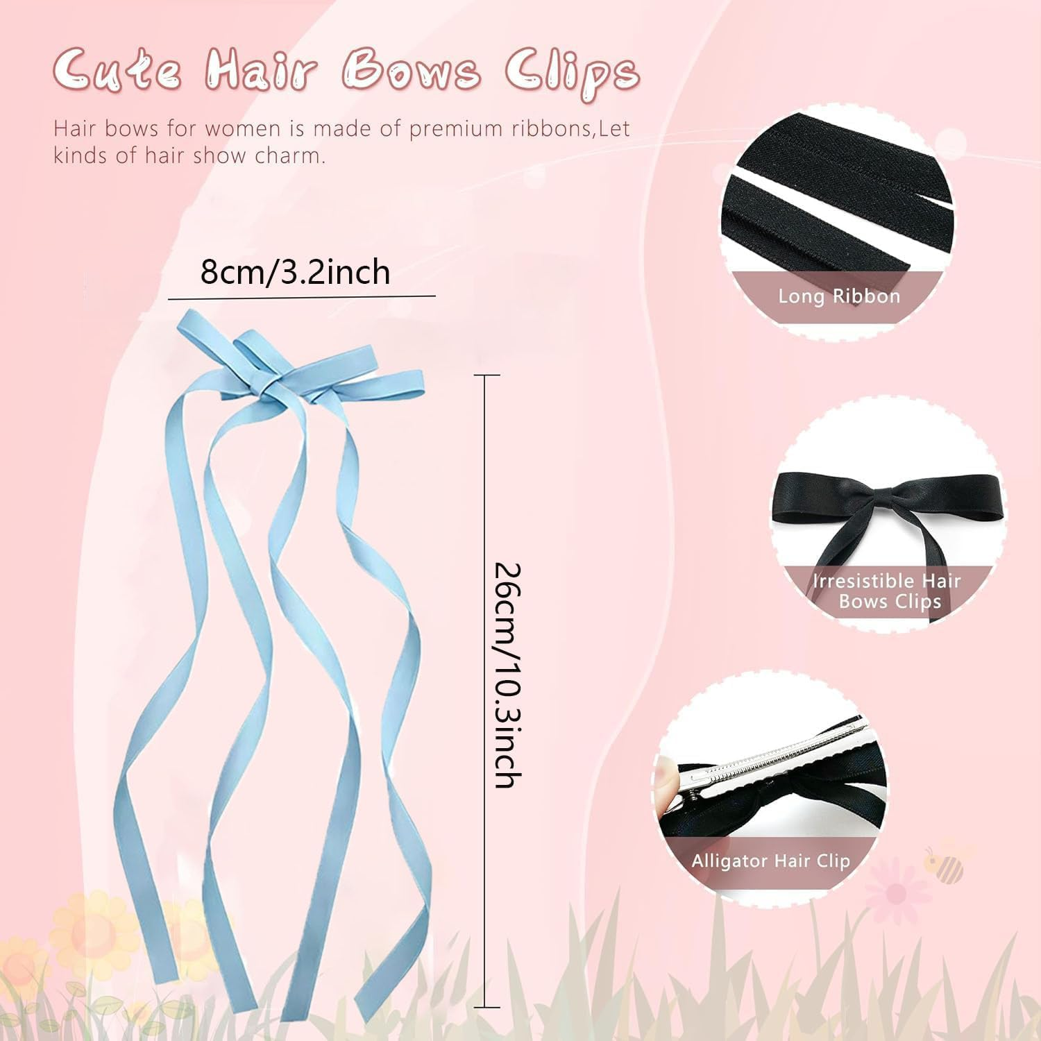 Yuannee Long Hair Bow, 10 Pieces Bow Hairpin Small Hair Clip Bows Hair Scrunchie Cute Hair Scrunchie Band Hair Clip for Party Wedding image number 4