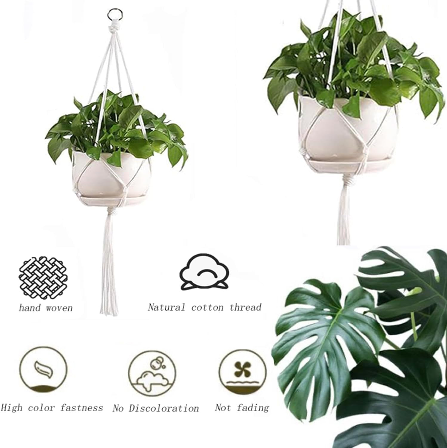 3Pcs Macrame Plant Hangers, Hanging Planter Basket, Boho Handwoven Cotton Rope Hanging Plant Holder, Ceiling Flower Pots Holder Decorative Stand for Indoor Outdoor Home Balcony Decor, Ivory image number 6