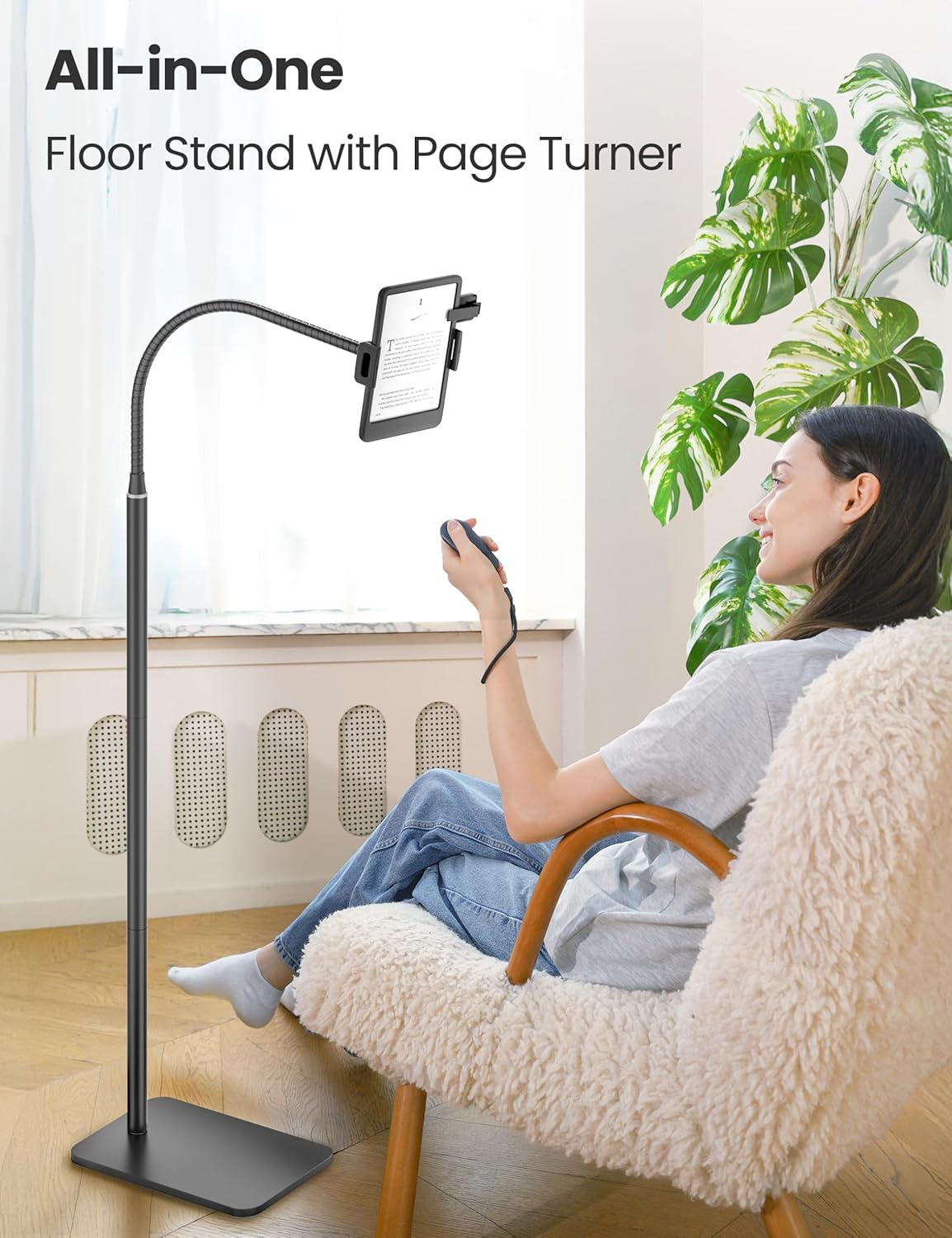 Kindle Stand Floor with Remote Page Turner for Reading in Bed, Tablet Stand Holder with Adjustable Gooseneck, Compatible with Kindle Accessories/Paperwhite, Hands Free Use Gifts for Readers