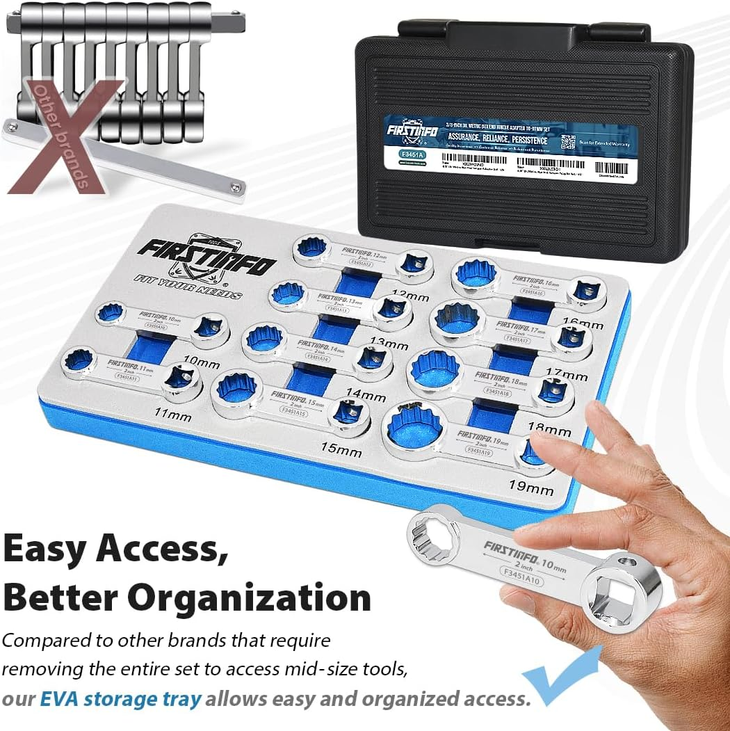 FIRSTINFO 3/8-Inch Drive Metric Box End Torque Adapter Set, 12 Point, 10-Piece with Blow Case, Chrome Vanadium Steel image number 4