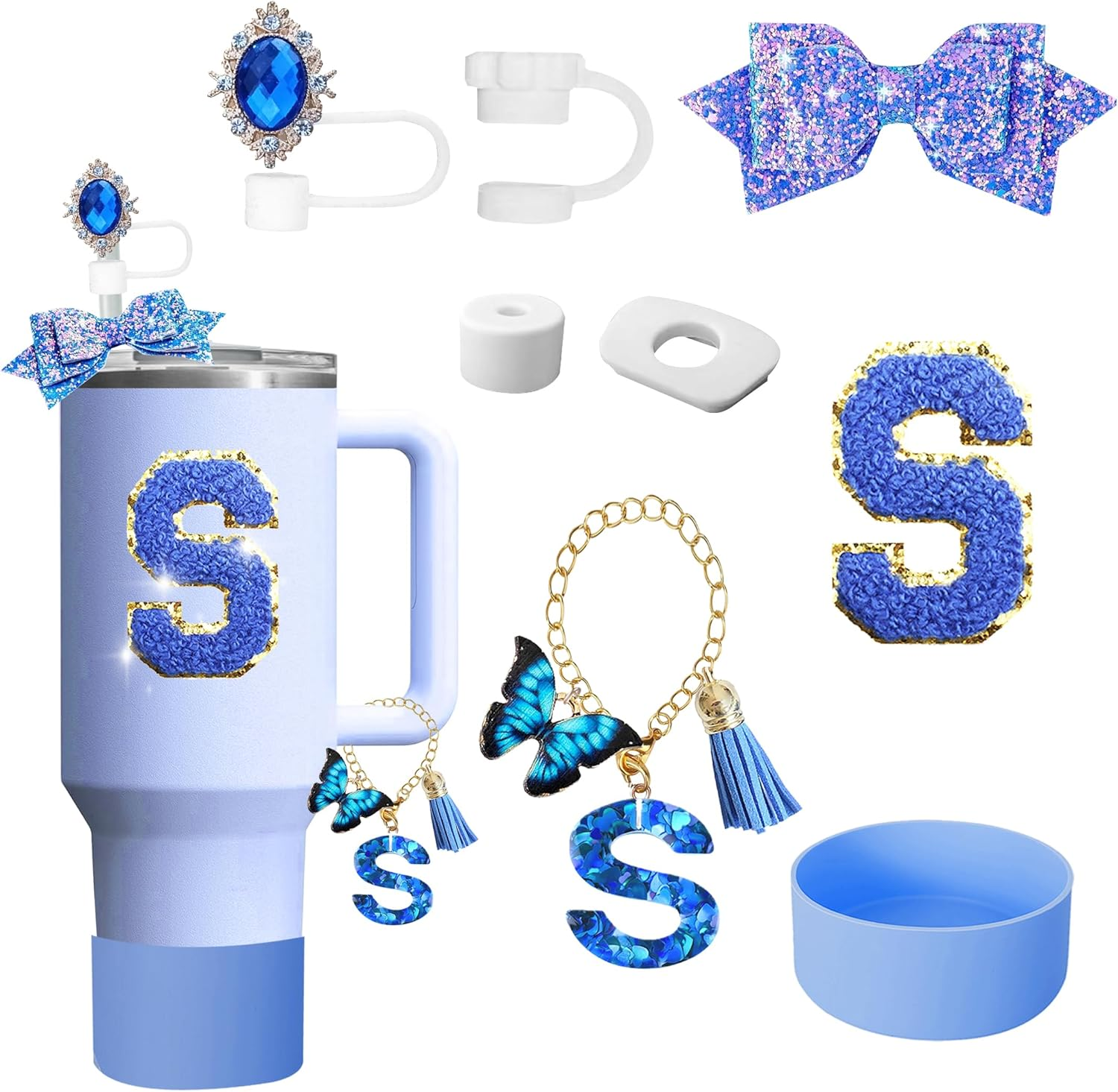 8-Piece Charms Silicone Stanley Cup Accessories Set Including Adorable Sparkling Bow Straw Topper, Protective Cup Boots, Anti-Spill Plugs, Decorative Handle, and Personalized Initial Stickers (S) image number 6