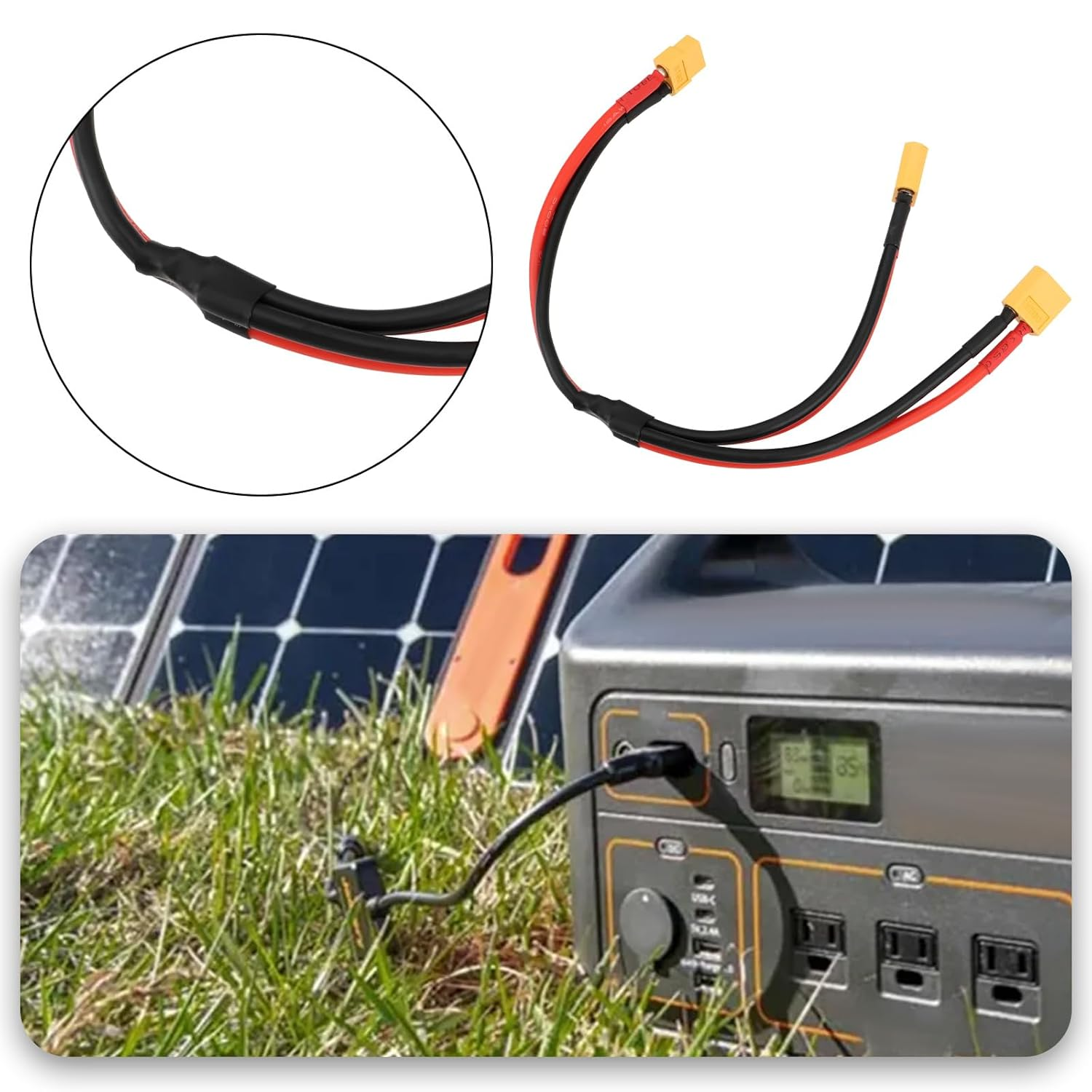 Emsea 1Pc XT60 Female to Dual Male Connector Extension Cable 12 AWG XT60 Female to 2 XT60 Male Plug Adapter Extension Cable for Solar Panel Solar Generator Power Station Ship (30Cm)