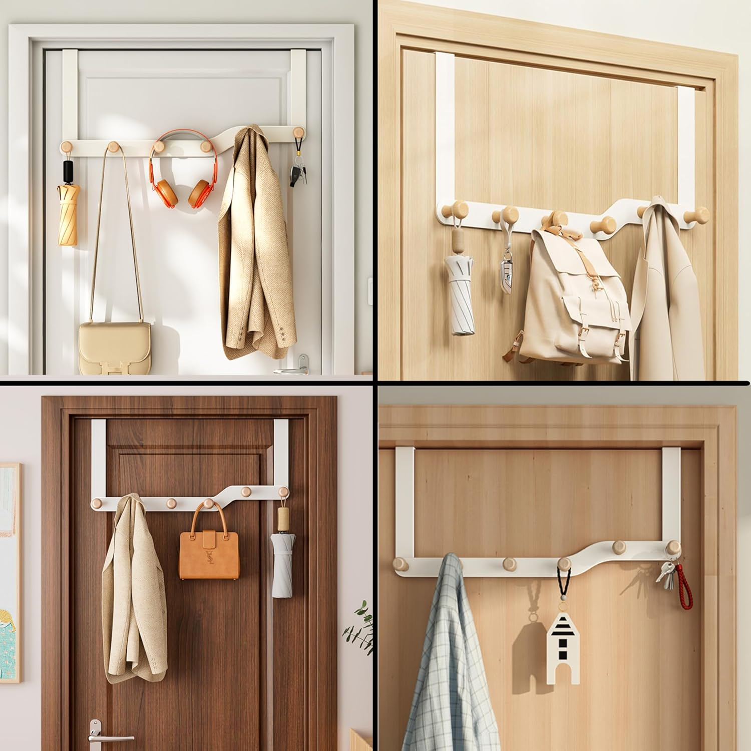 Over the Door Hooks, over Door Coat Hanger，Clothes with 6 Wooden Door Hooks,Door Hooks for Entrance Doors, behind Bedroom Doors, to Hang Clothes, Towels, Hats, Etc.(Cream White) - Premium Grey image number 5