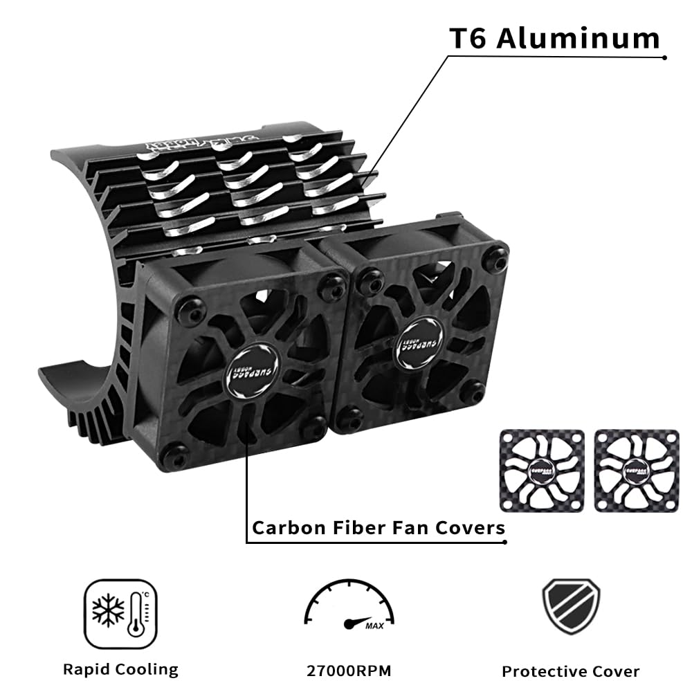 GLOBACT RC Motor Cooling Fans 30Mm Dual RC Car Motor Fans with Metal Cover 4068 4274 Brushless Motor Heatsink for 1/8 RC Truck Crawler Diameter 40Mm 42Mm Brushless Motor (Black) image number 3