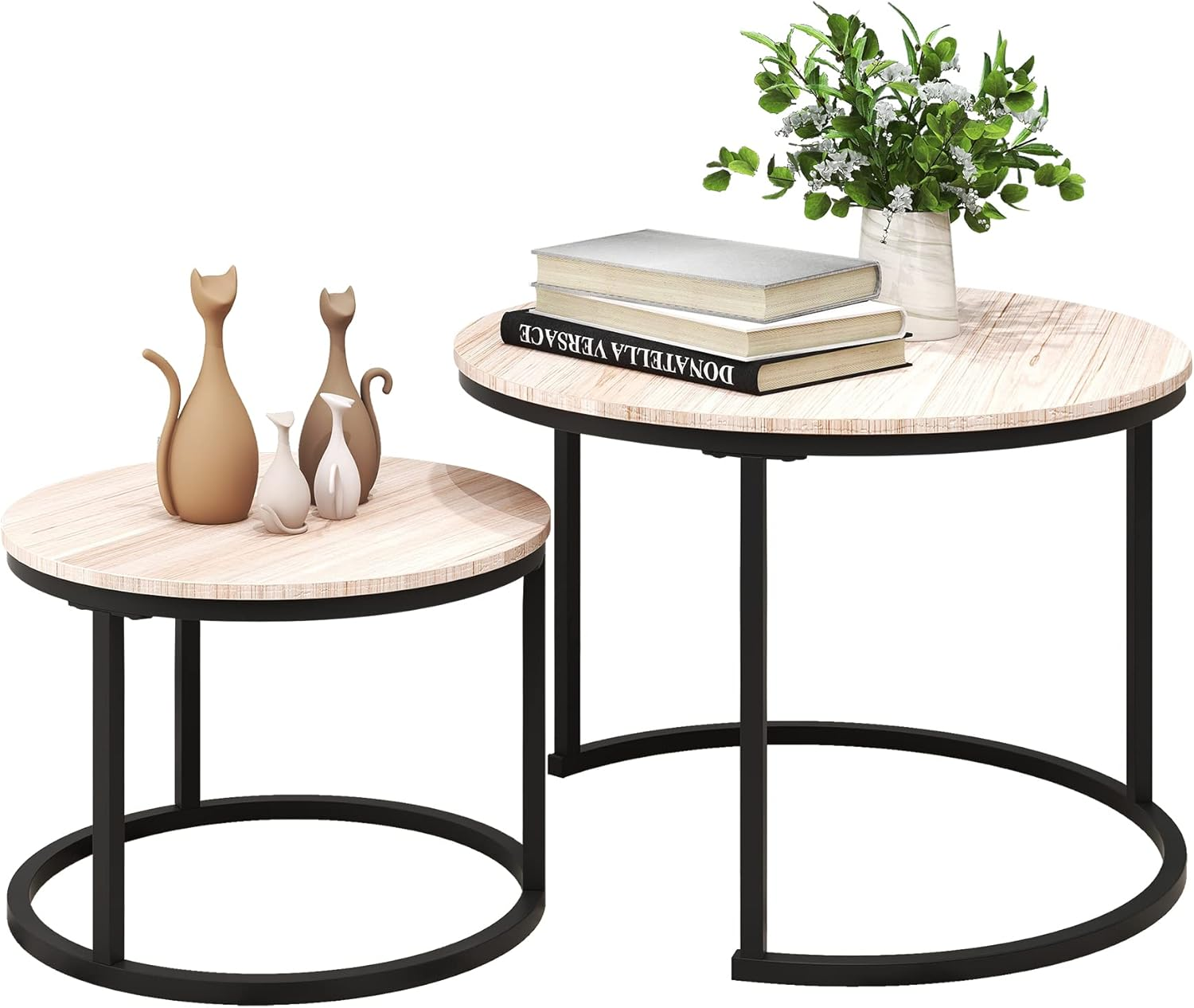 VERFARM round Nesting Coffee Table Modern Furniture Nesting Side Set of 2 Stacking Side Tea Table End Table for Living Room Balcony Office with Sturdy Metal Frame, Easy Assembly - Black image number 6