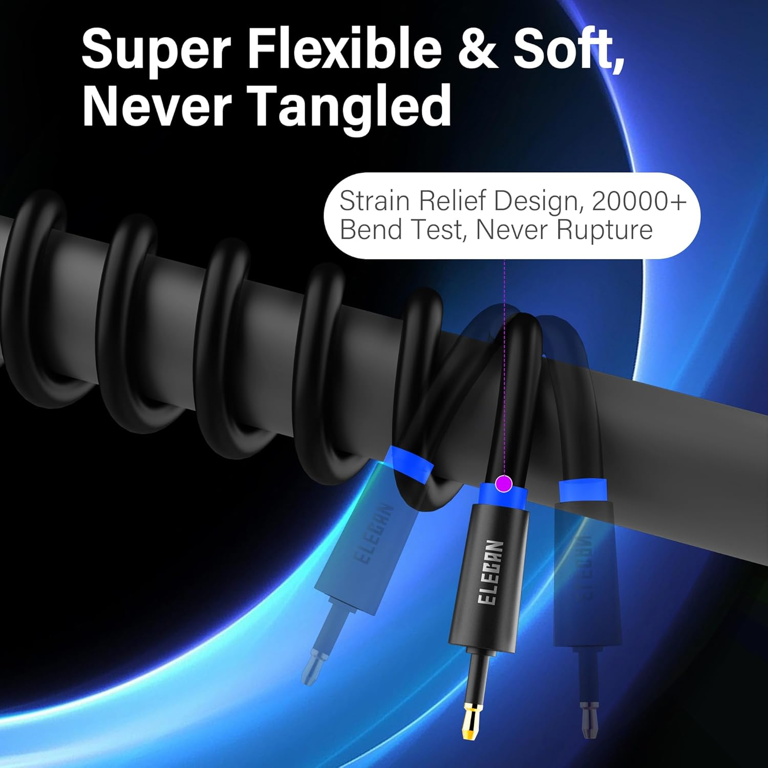 Elecan Mini Toslink to Toslink Digital Optical S/PDIF Audio Cable 4 Ft, Gold Plated Soft Flexible Fiber Optic Cable,Signal Protection Pvc,Surround Sound for Soundbar,Home Theater,Hi-Fi System+Ties MI image number 3