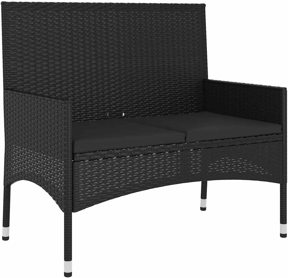 Vidaxl Outdoor 2-Seater Garden Bench in Black Poly Rattan with Removable Cream Cushions, Durable and Low-Maintenance, Ideal for Garden and Terrace Setting