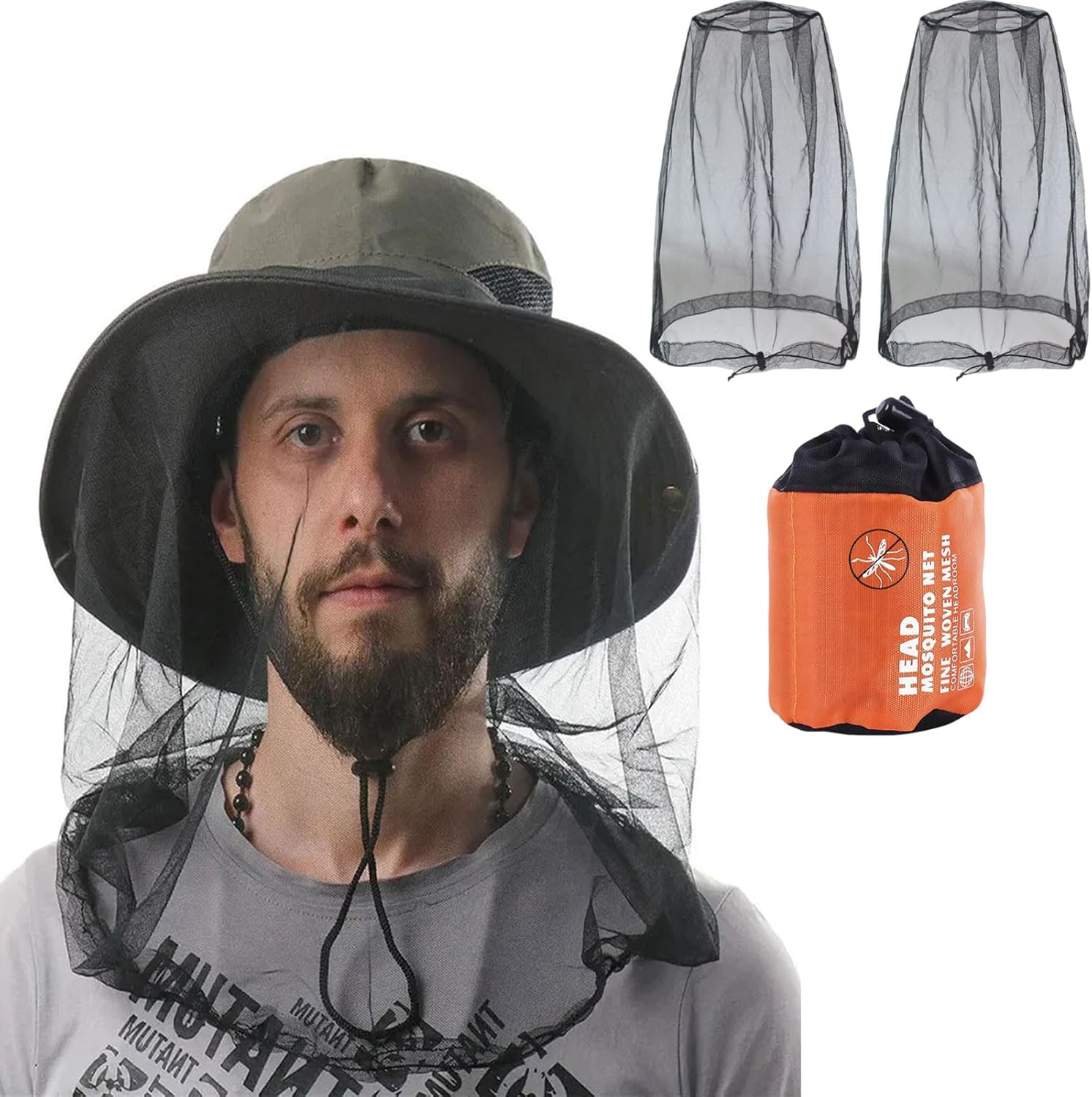 RIBHNXHI Fly & Bug Protection Head Net | Ultra Large & Long, Extra Fine Holes for Camping, Hiking, Fishing, Gardening, Safari | 2 Pack Fits All Hats for Men & Women Black image number 3