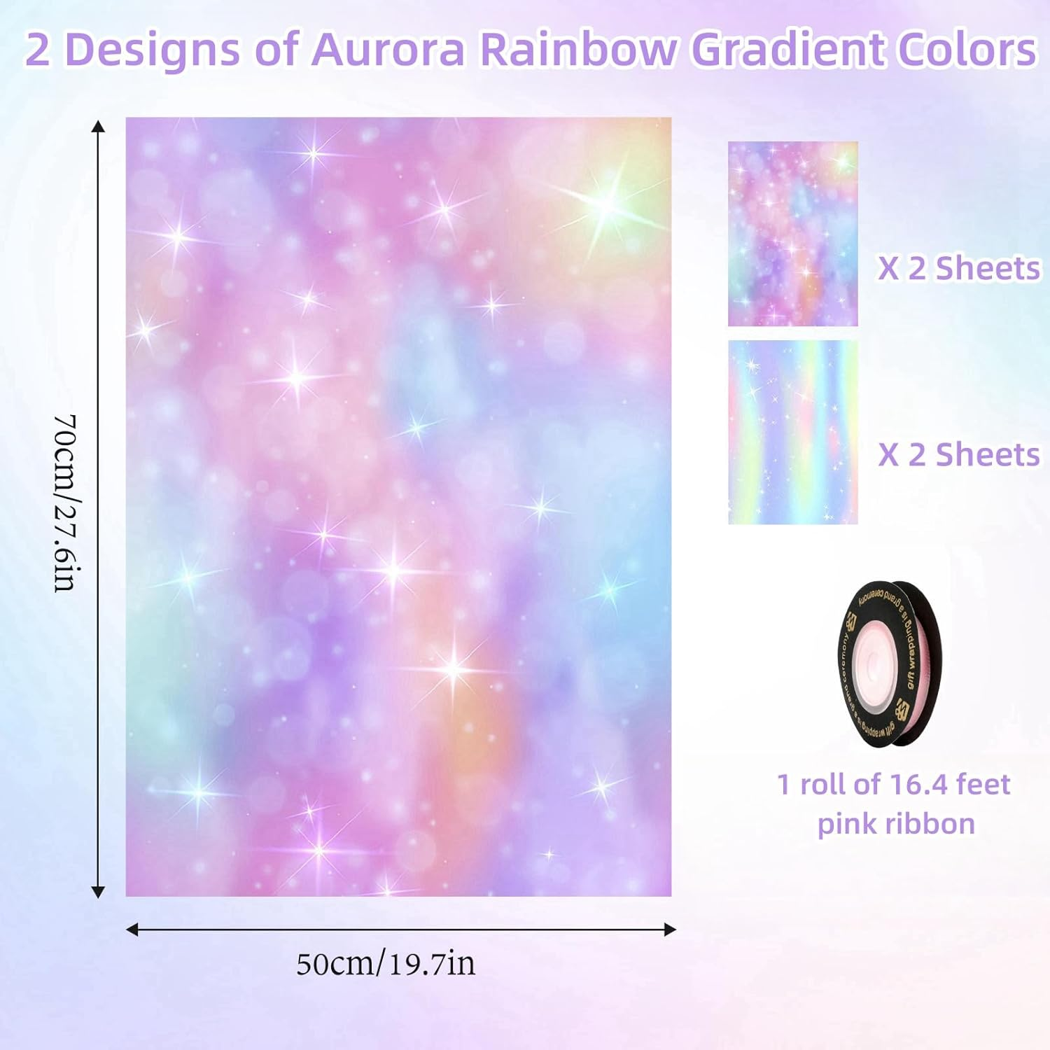 ZCOINS 4 Sheets Gift Wrapping Paper 70 X 50CM for Girls Women Birthday, Aurora Rainbow Purple Pink Gift Wrapping Paper with Ribbon for Mothers Day, Valentines Day, Wedding, Christmas - Cat image number 4