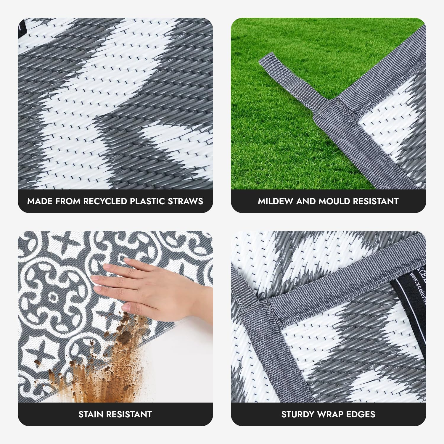 XCELERATOR Large Outdoor Rug for Patio, Reversible Portable Camping Rug, Weather Proof Plastic Straw Rug for RV Deck Camper Balcony, Lisboa Grey and White, 200X270Cm image number 5