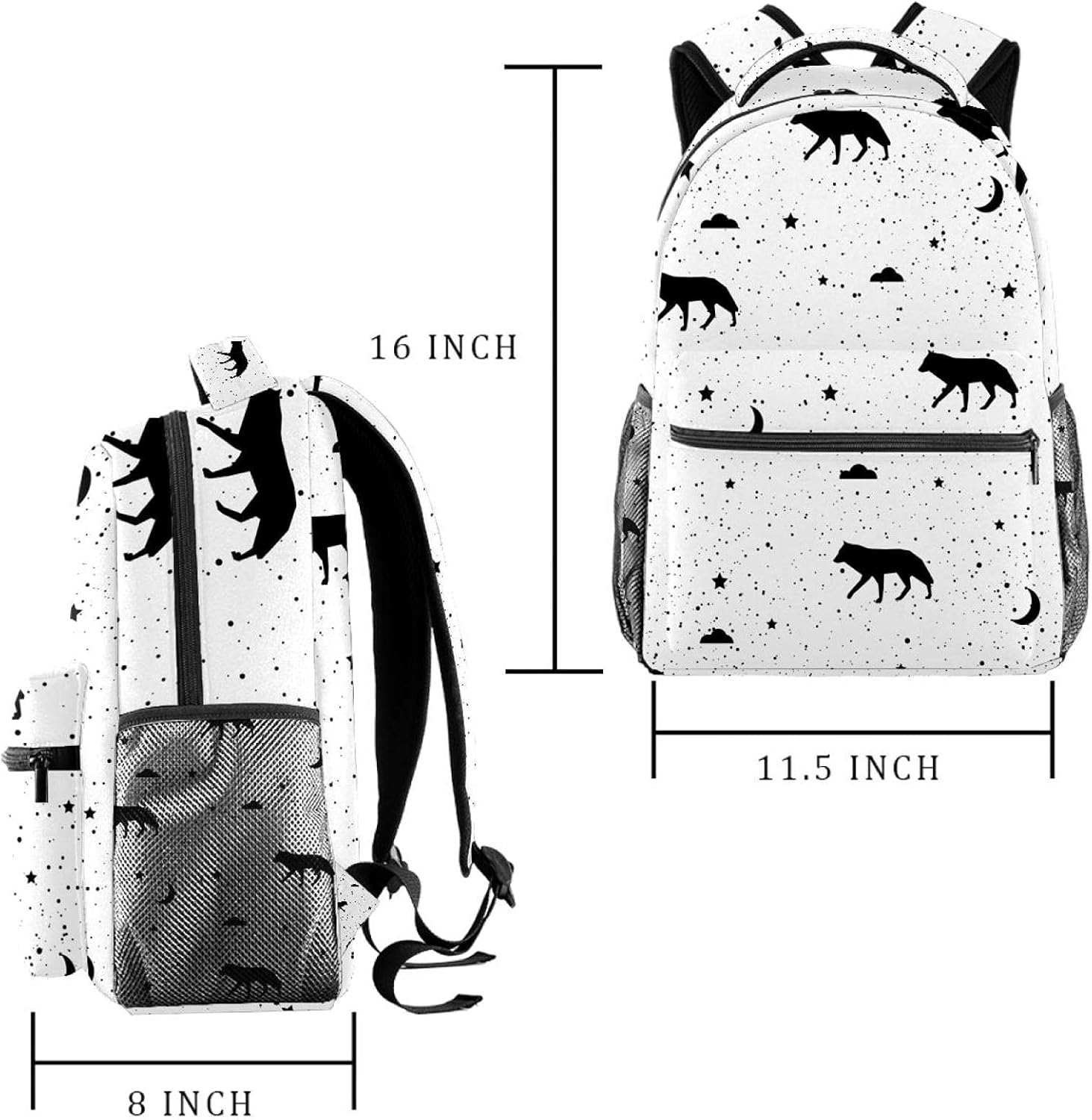 Monochrome Black and White Wolf Patten Backpack Students Shoulder Bags Travel Bag College School Tote Backpacks image number 2