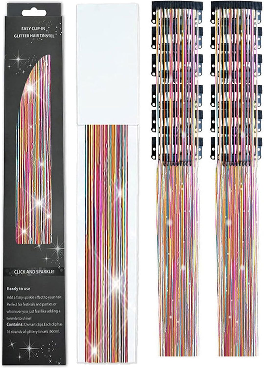 Homiliky 12Pcs Hair Tinsel Clips, Rainbow Fairy Hair Tinsel Kit with 33Cm Glitter Hair Extensions for Women Girls, Party Hair Accessories for Christmas Halloween image number 3