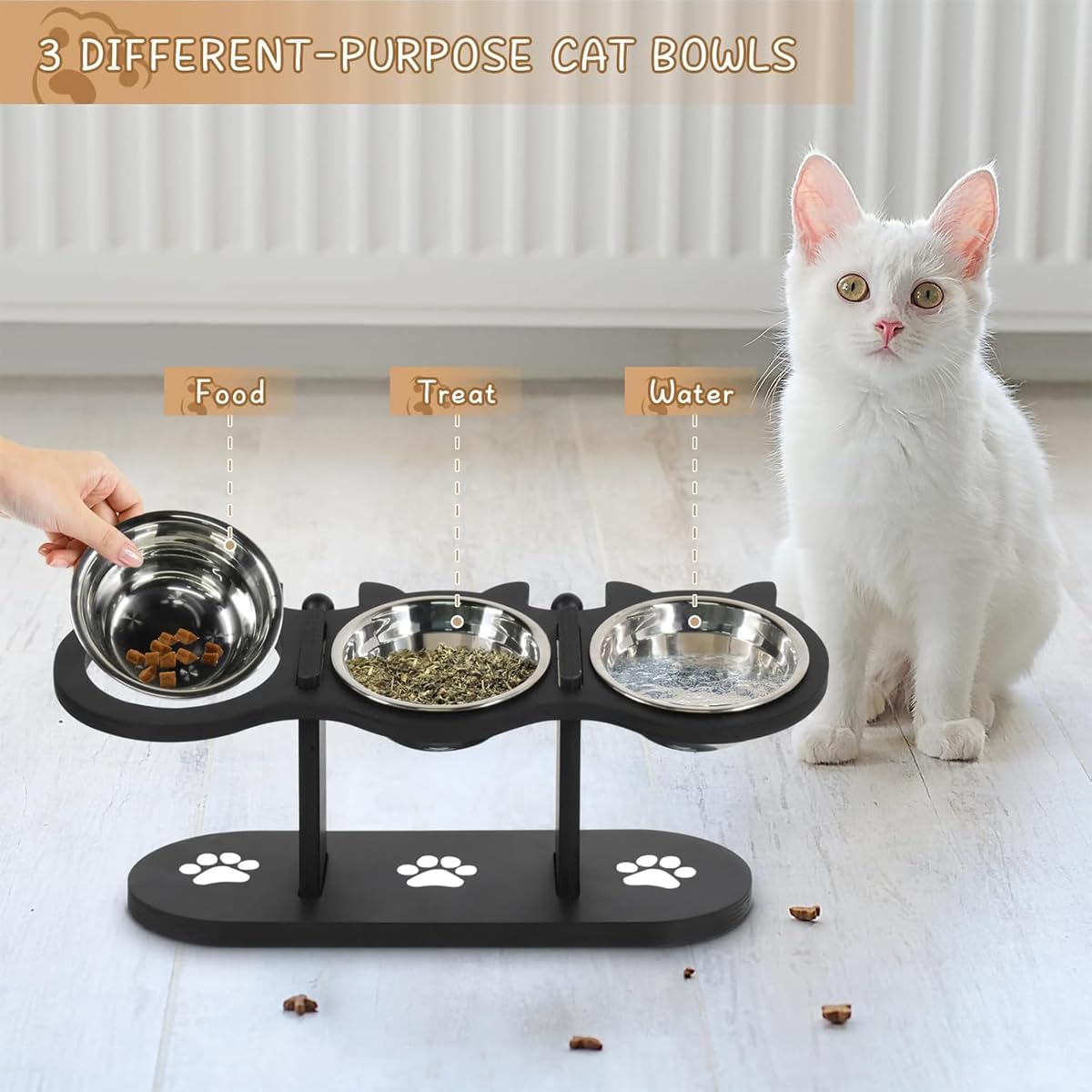 AIMALL 3Pcs Adjustable Pet Feeder, Wooden Cat and Dog Food Bowl Stand with Stainless Steel Bowls, Elevated Feeding Rack for Pets, 16.53X6.29X6.06 Inch Durable Dining Table