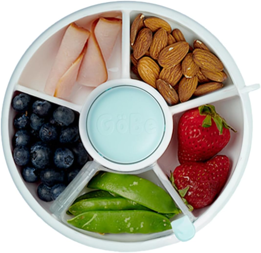 Gobe Kids Snack Spinner Bundle with Hand Strap and Sticker Sheet - Reusable Snack Container with 5 Compartment Dispenser and Lid | BPA and PVC Free | Dishwasher Safe | No Spill, Leakproof