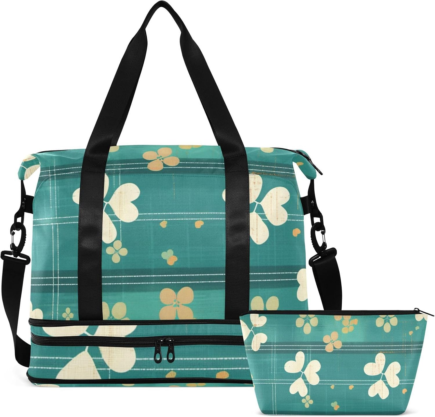 Clover Green Stripe Tote Bag Travel Weekender Gear Bag with Toiletry Bag for Sports Waterproof, Clover Green Stripe, 1 Size image number 3