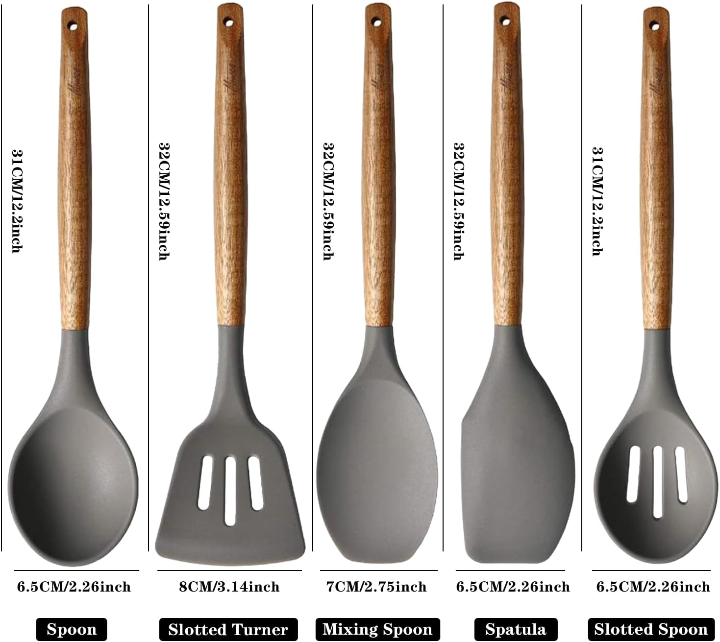Miusco 5 Piece Silicone Cooking Utensil Set with Natural Acacia Hard Wood Handle, Grey image number 6