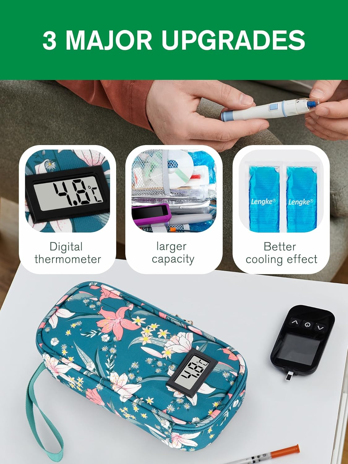 SUNMON High-Capacity Insulin Cooler Travel Case with Temperature Display, 8-10H Insulated Diabetic Medication Cooler Bag with 2 Ice Packs, Waterproof Injection Travel Case for 4-5 Pens (Lily) image number 4