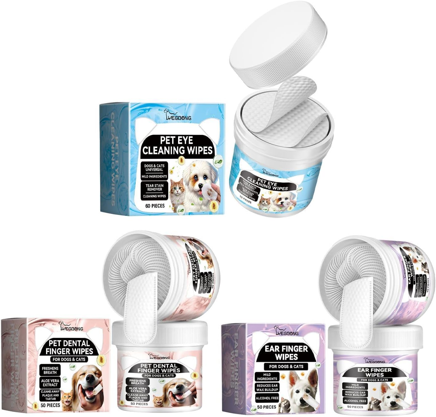 Pet Dental and Hygiene Cleaning Kit, Gentle Teeth, Ear and Eye Care Wipes with Finger Design, Long-Lasting Formula image number 1
