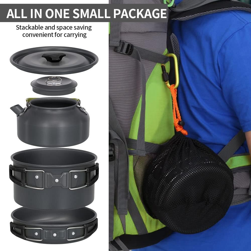 Aomiun Camping Cookware Kit, Non-Stick Pot Pan Kettle Set with Stainless Steel Cups Forks Knives Spoons for Picnic Hiking 1-2 People image number 3