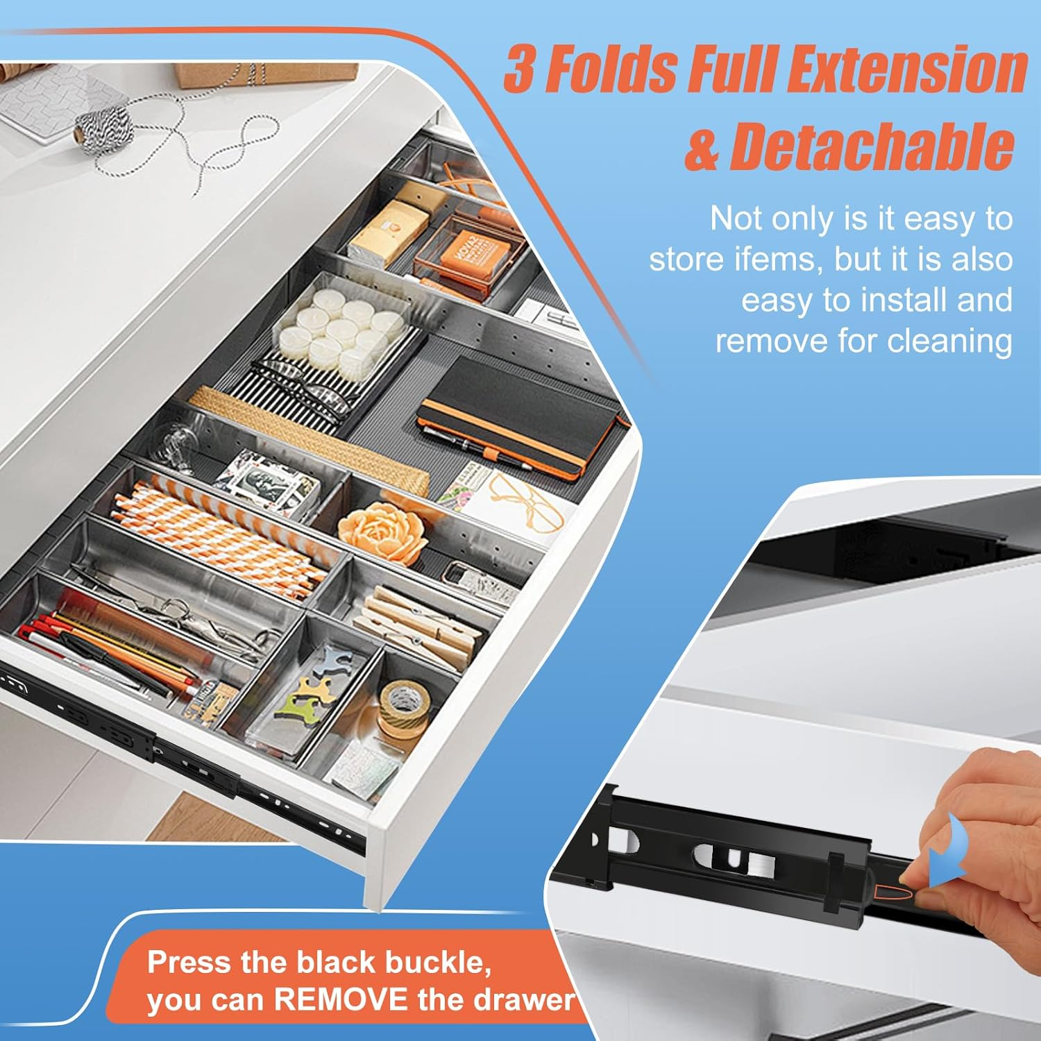 Drawer Runners, 10 Inch 4 Pairs (8 Pack) Full Extension Ball Bearing Drawer Runners, Side Mount, 3-Fold Metal Dresser Runners for Filing Cabinet, Trash Can, Kitchen, Wardrobe, 25.4 image number 2