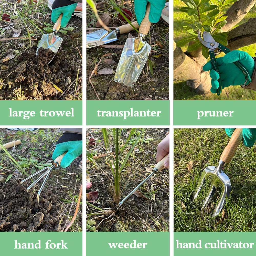 Garden Tool Set of 10 Pieces, Heavy-Duty Stainless Steel Gardening Hand Tools with Repotting Mat and Grow Bags, Gardening Tool Set with Durable Gardening Bag, Ideal Gardening Gifts for Women Men image number 4