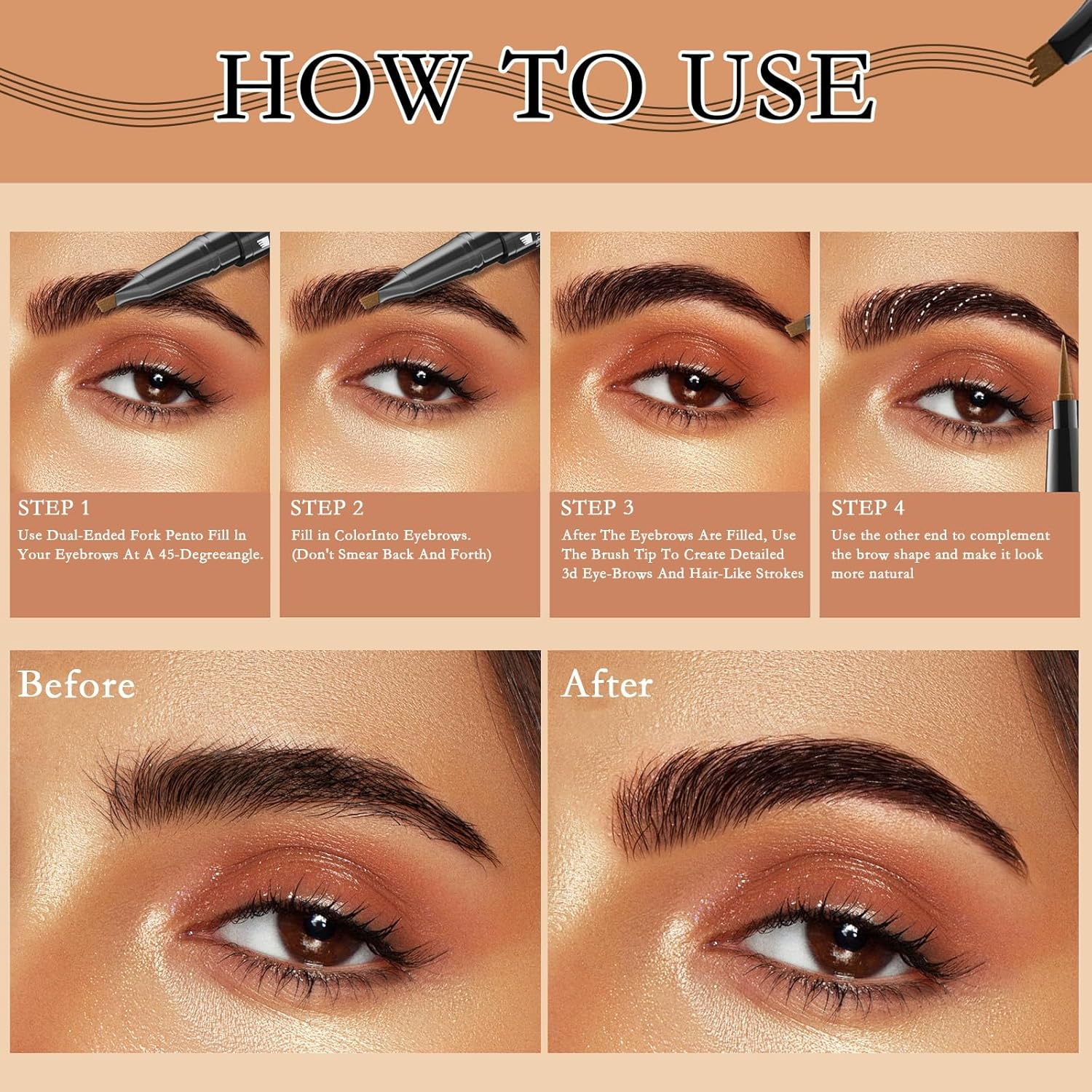 Eyebrow Pencil，Natural Looking Pencil with 4-Fork Tip and Eyeliner Dual Ended 2-In-1 Long Lasting, Waterproof and Smudge Proof (Light Brown) image number 5