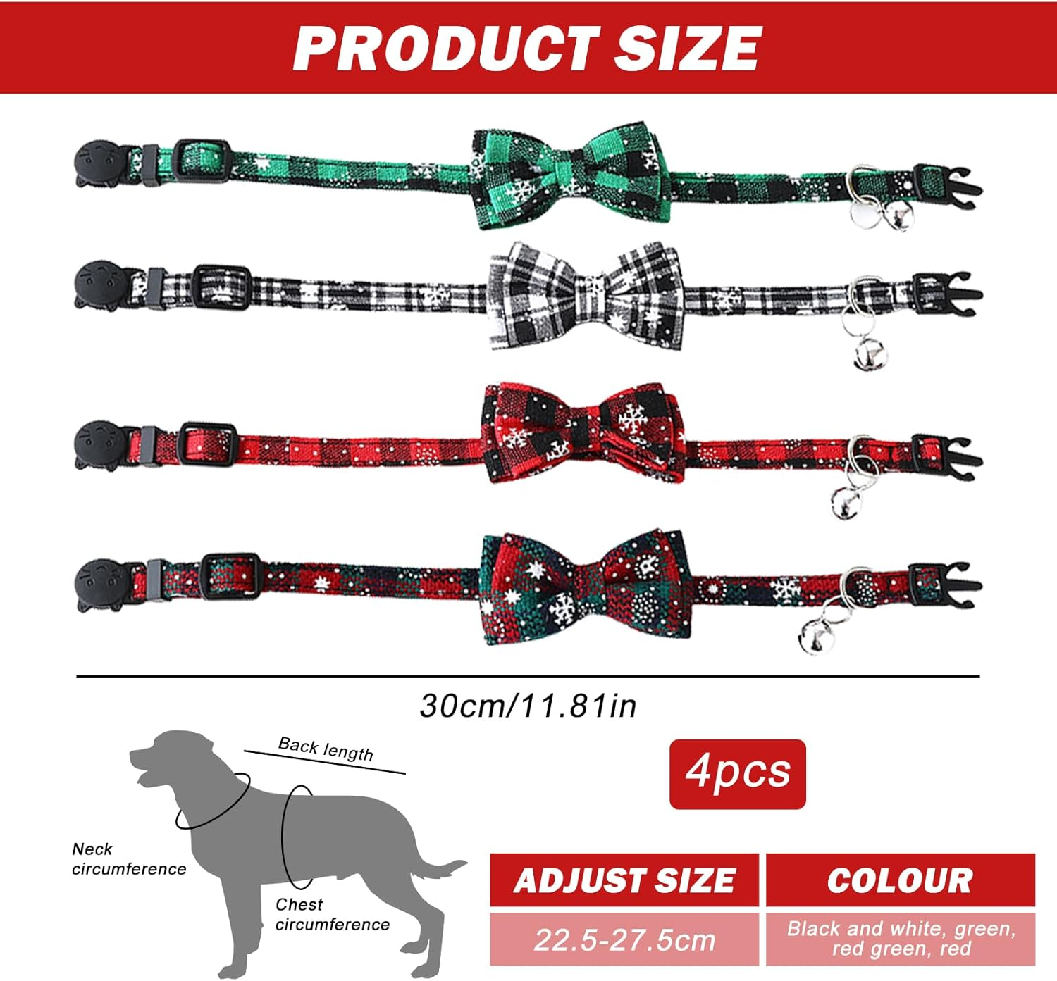 SPORWAY Pack of 4 Christmas Cat Collars, Christmas Neck Cat Collars, Pet Christmas Dog Collar, Removable Cat Bands with Bow and Bells, Collar for Small Dogs and Cats image number 4