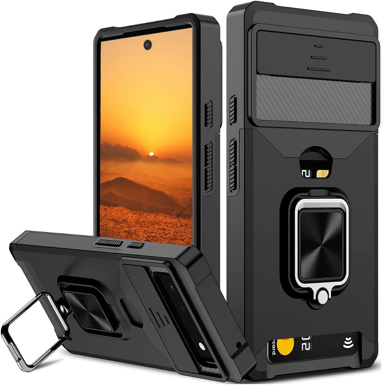 For Google Pixel 6A Case with [Card Holder[ and [Slide Camera Cover] and [360&deg; Rotate Ring Kickstand] Heavy Duty Protective Phone Cover Case for Pixel 6A 5G 6.1"-Black image number 5
