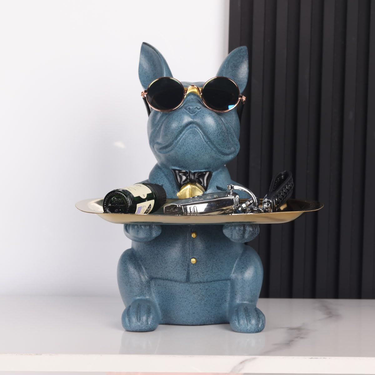 QIANLING Blue Bulldog Tray Holder Storage Desk Table Trays Decorative Animal Bulldog Sculpture Home Decor Statue Coin Piggy Bank Multi-Function Office Home Entrance Key Snack Storage Tray image number 5