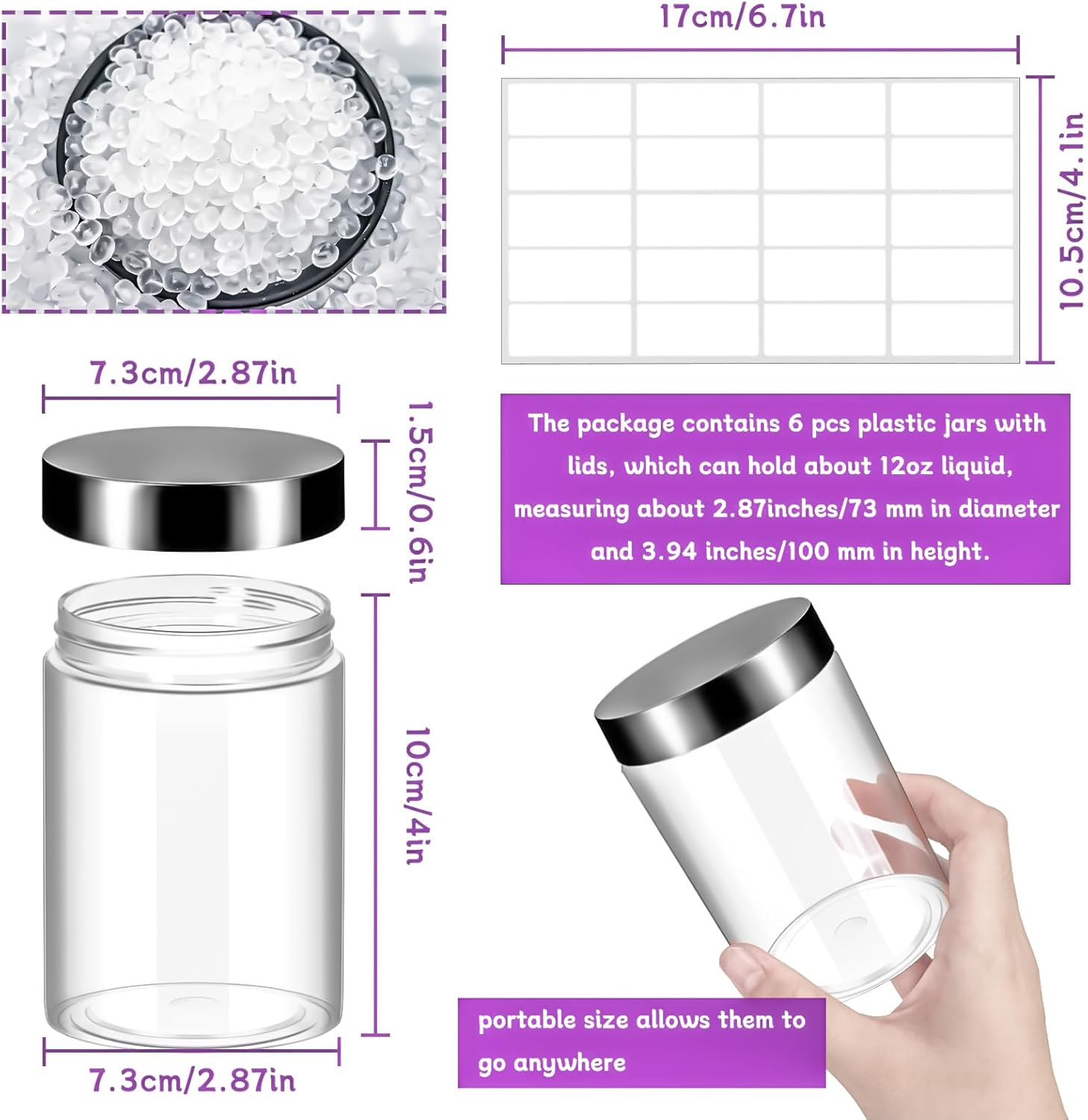 Motbach 6 Pack 12Oz Plastic Jars with Lids, 360Ml round Clear Cosmetic Containers Makeup Jars, Travel Size Container Jar for Makeup Cream Lotion Salve Ointment Sample Travel Storage Beauty Products image number 4