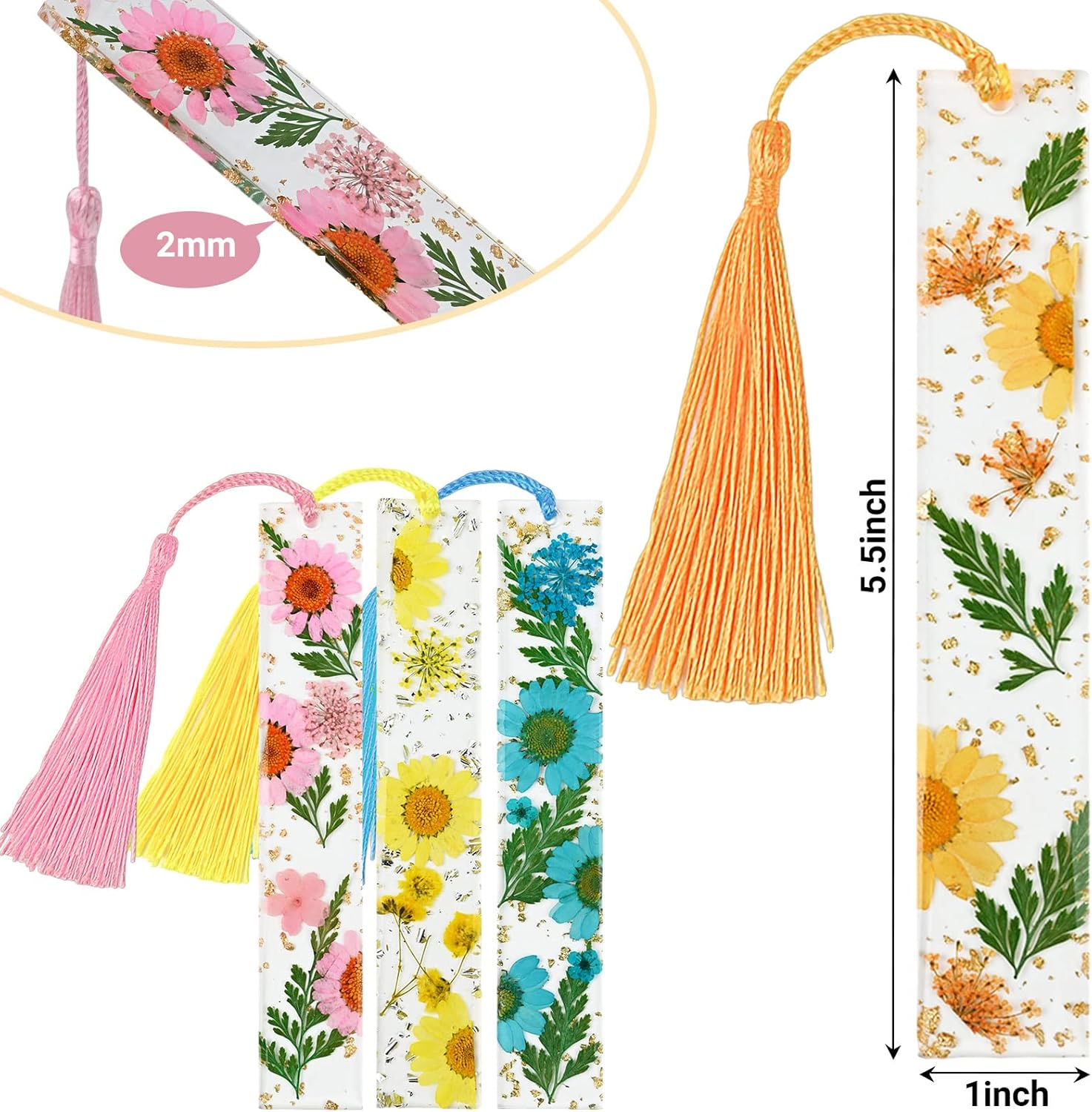 Kavoc 4 Pieces Flower Acrylic Bookmarks Book Page Holder Floral Bookmarks with Colorful Tassels Thumb Ring Page Holder Transparent Page Holders for Reading Students Teachers (Blue/Orange/Pink/Yellow) image number 6