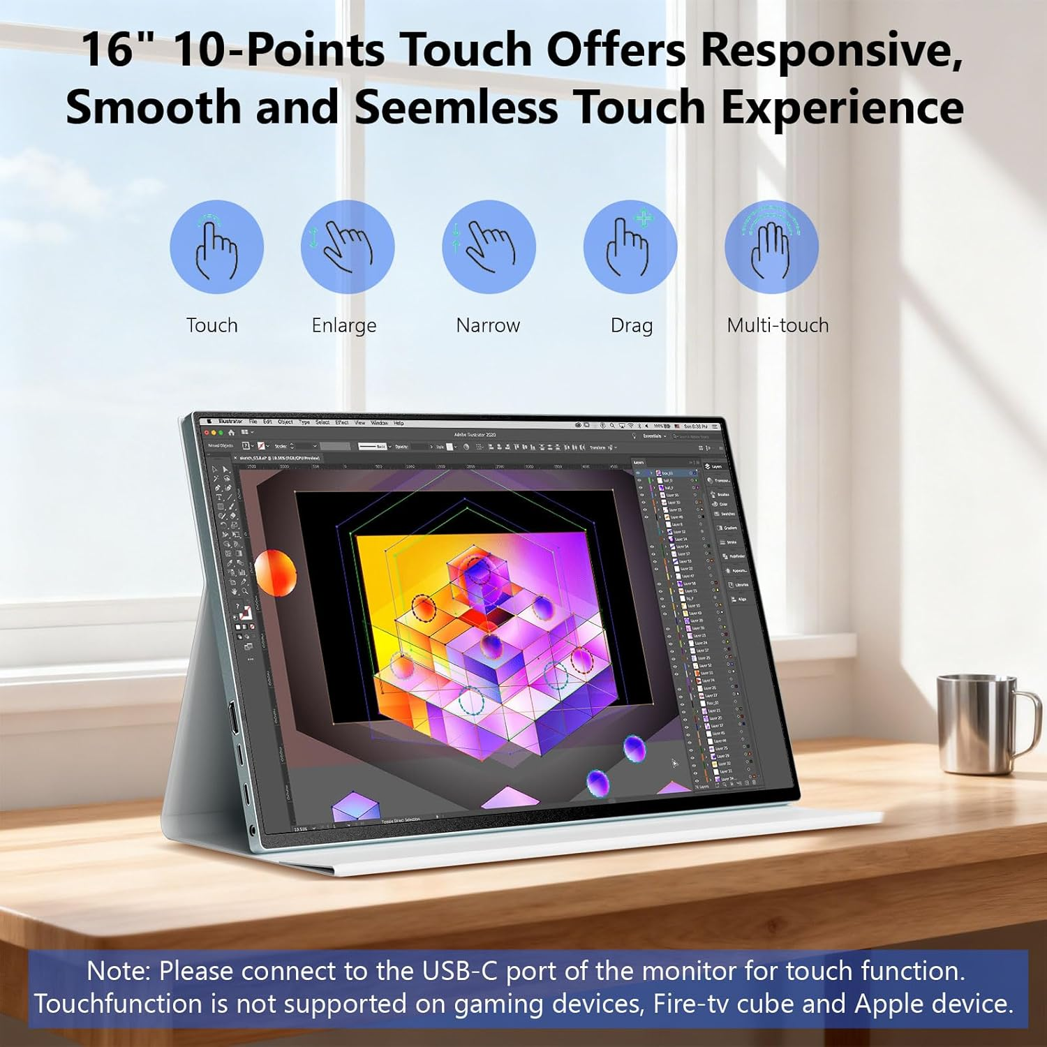 Touchscreen Portable Monitor, 16 Inch 1920X1200 Full HD Portable Gaming Monitor HDR, HDMI USB C External Monitor, Suitable for Laptops Xbox Switch with Smart Cover and Storage Bag image number 1