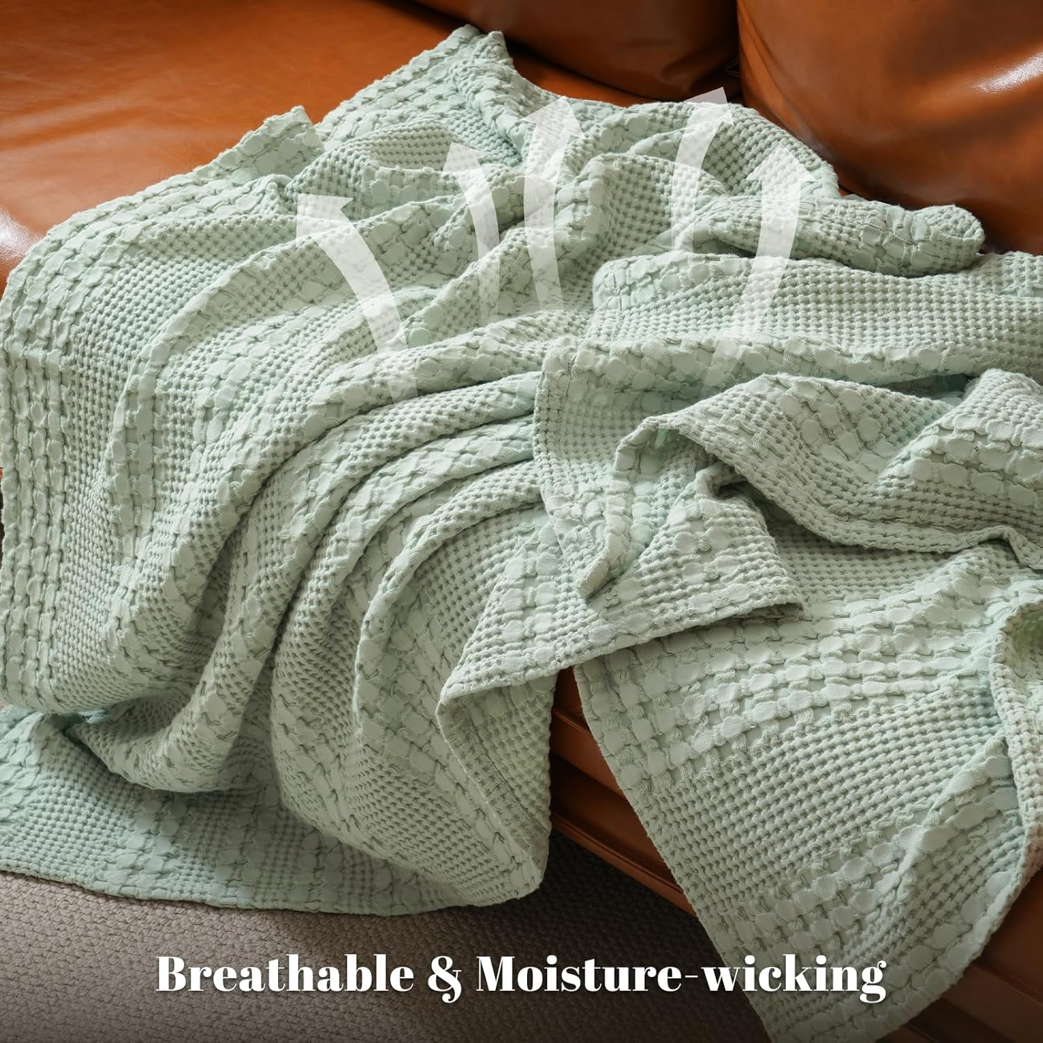 PHF 100% Cotton Waffle Weave Blanket Twin Size, Soft Lightweight Breathable Cozy Summer Blankets for Bed, Luxury Aesthetic Woven Bedding for Home Decor, 66"X90", Sage Green image number 2