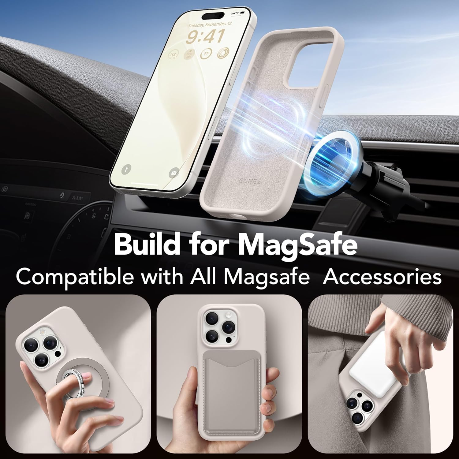 GONEZ Magnetic for Iphone 16 Pro Max Case, Compatible with Magsafe, Liquid Silicone Case, with Screen Protector + Camera Protector, Full Body Protective Shockproof Phone Cover 6.9", Stone