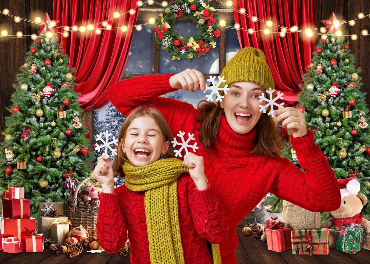 AIIKES 10X8Ft Christmas Backdrop Winter Christmas Backdrop for Photography Merry Xmas Tree Window Retro Wood Backdrops 12-636