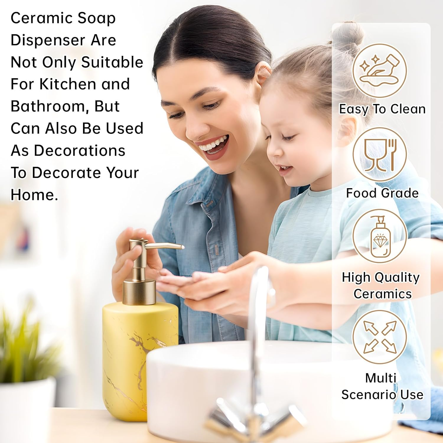 Gold Soap Dispenser Bathroom, Ceramic Hand Soap Dispenser with Marbling for Kitchen, Shower, 300ML. (Yellow) image number 4