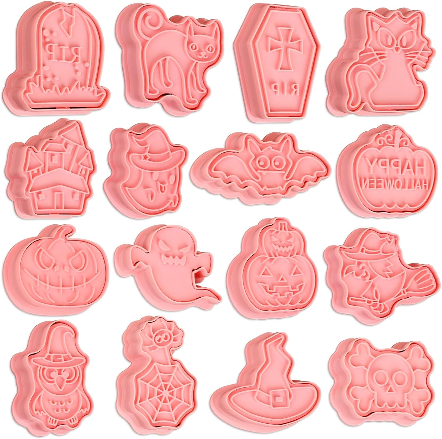Sakolla 16 Pcs Halloween Cookie Cutters, 3D Cookie Cutter with Plunger Stamp, Halloween Cookie Molds -Ghost, Bat, Pumpkin, Cat, Castle,Tombstone, Witch, Spider, Skull, Etc. image number 3
