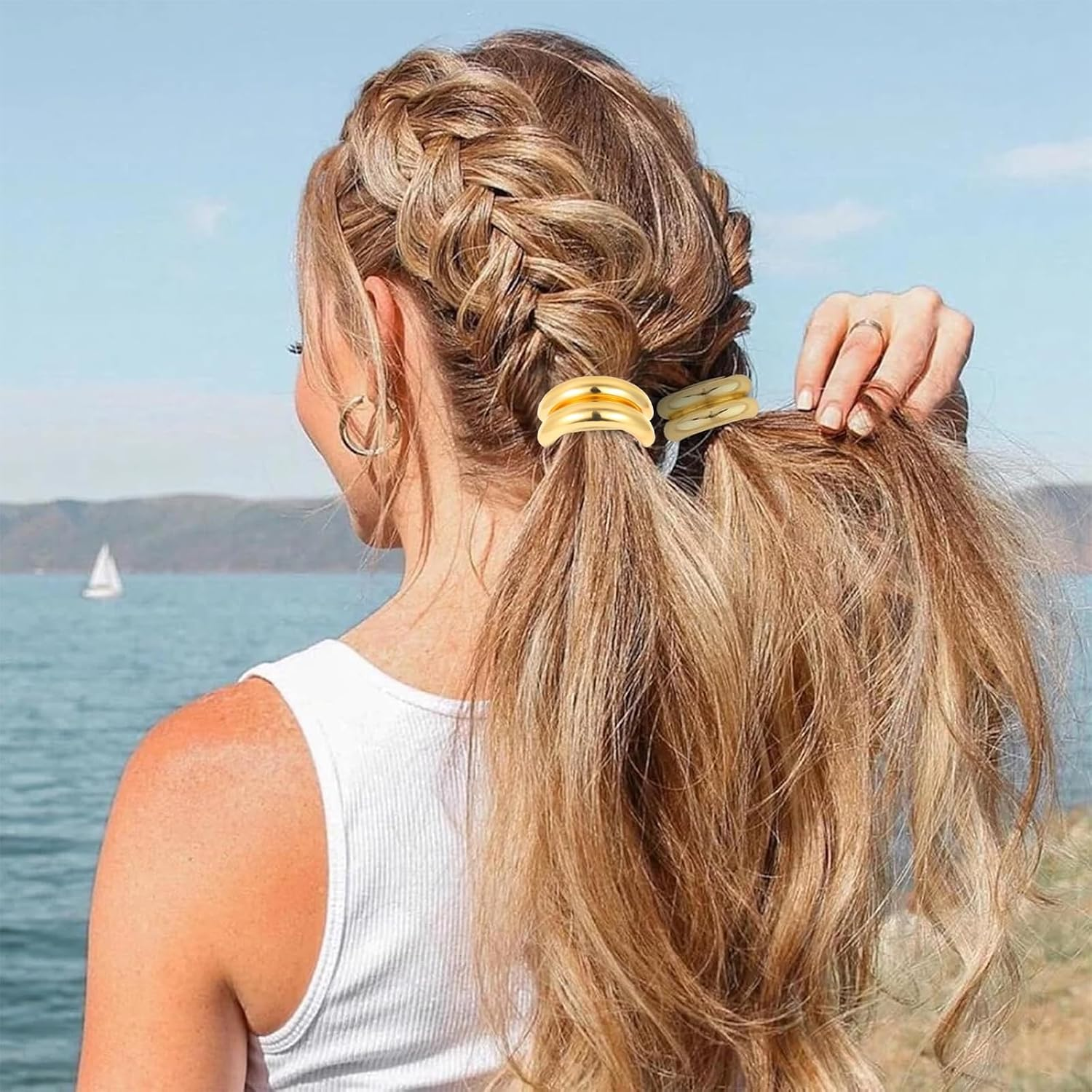 ASOMI 3 Pieces Gold Hair Scrunchies Metal Hair Ties for Thick Hair Elegant Durable Geometric Design Stretchy and Non-Damage Ponytail Holders image number 4