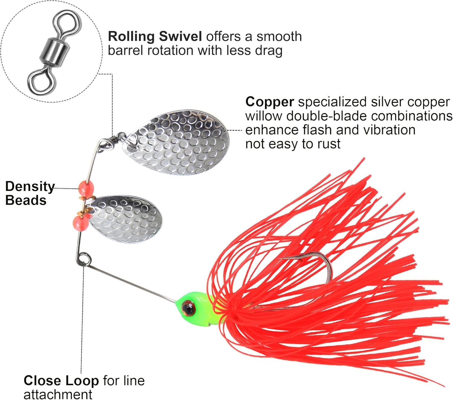 Spinner Baits Fishing Lures Kit, Hard Metal Buzz Bait Jigs Colorado Willow Leaf Spinnerbait Blades Swimbaits Fishing Tackle Spinner Bait for Bass Pike Trout Salmon Fishing image number 4