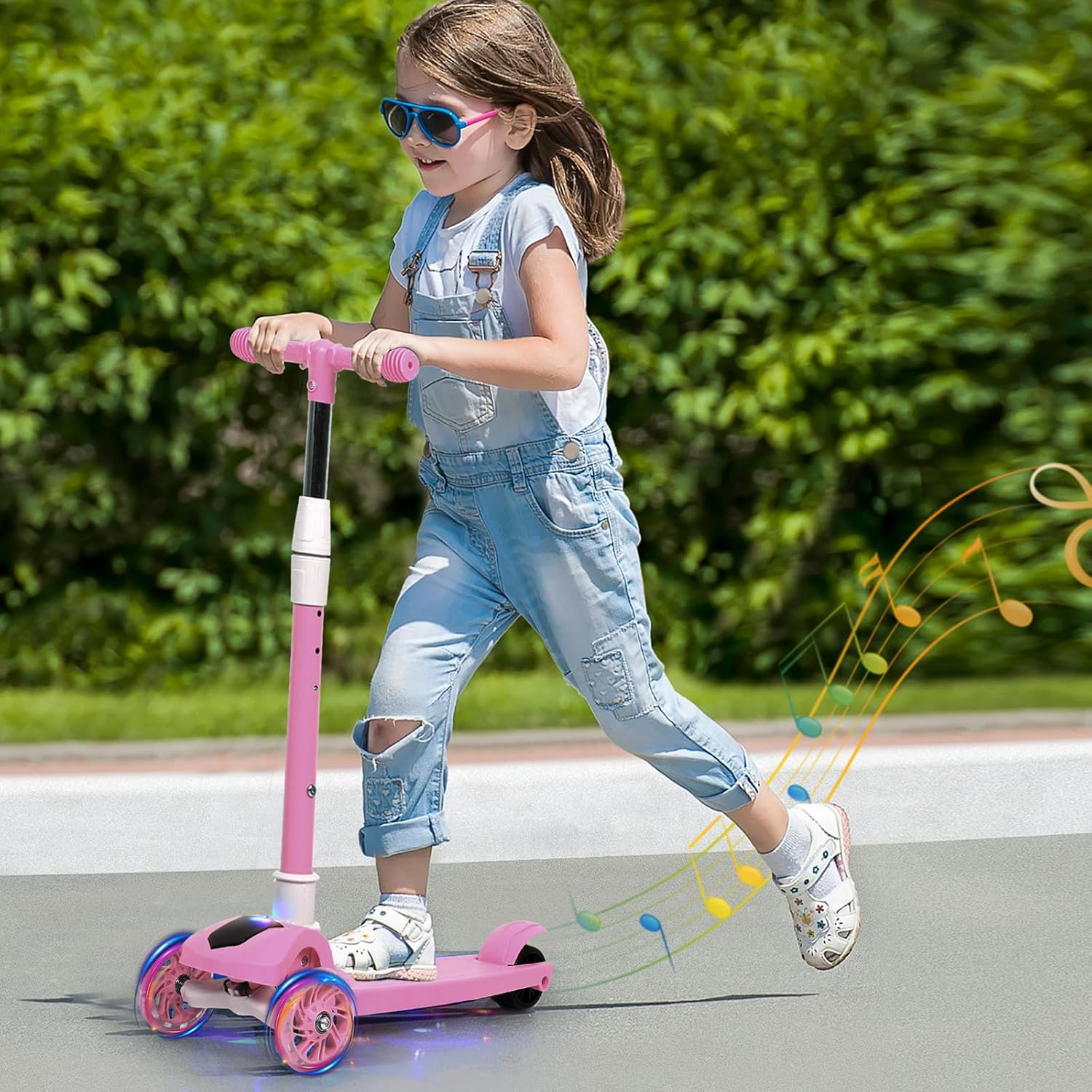Bopeep 3 Wheeled Scooter for Kids, 3 Wheels Foldable Kick Scooter with Flashing LED Lights for Boys Girls, Lean to Steer，3 Levels Height Adjustable Scooter, 3-6 Years Old, Toddler Scooter Music
