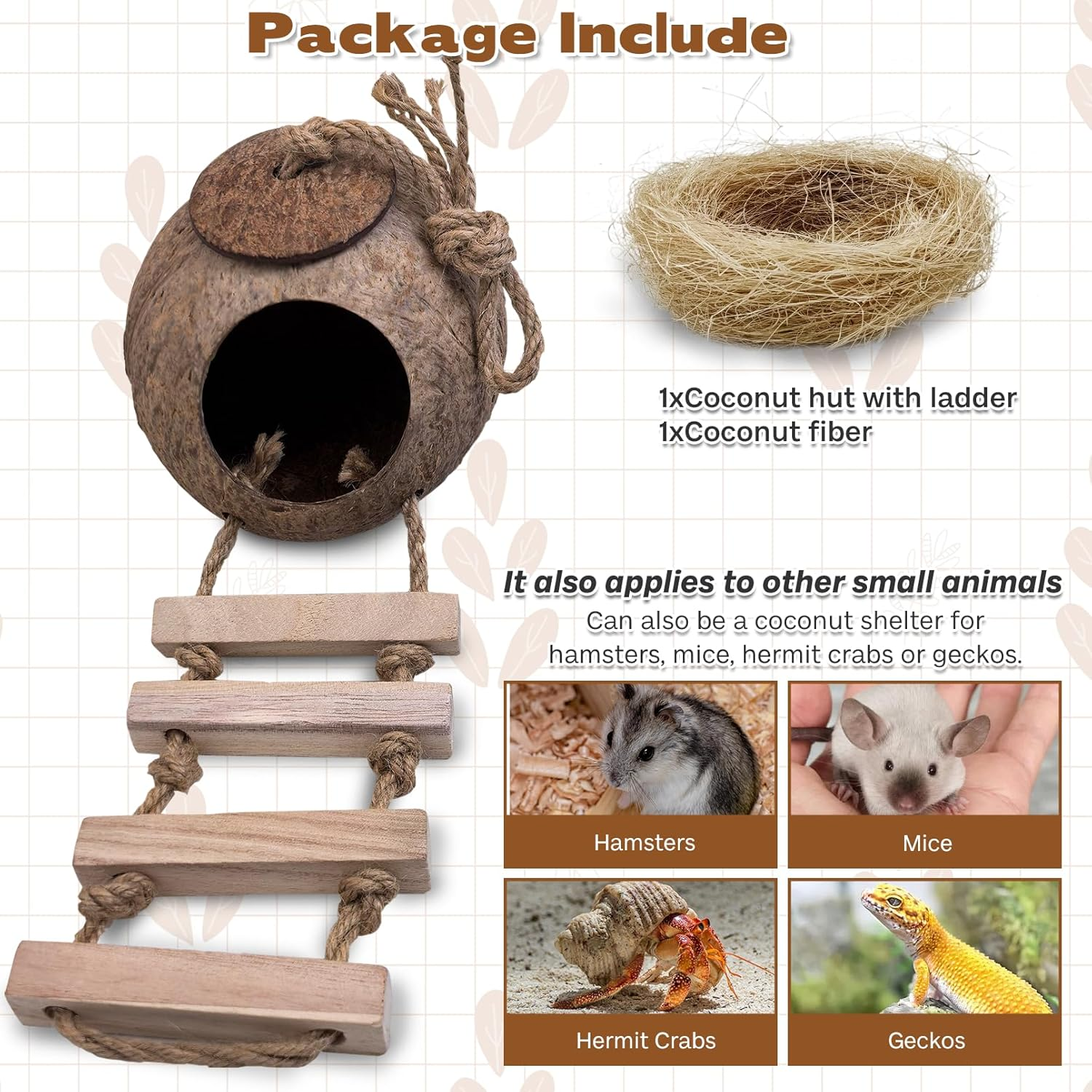 PINVNBY Coconut Bird Nest Hut with Ladder, Coconut Hiding Place Inseparable House Hanging Toy for Budgies Parakeets Cockatiels Parakeet Canary Finch Dove (With Natural Cocoon image number 5