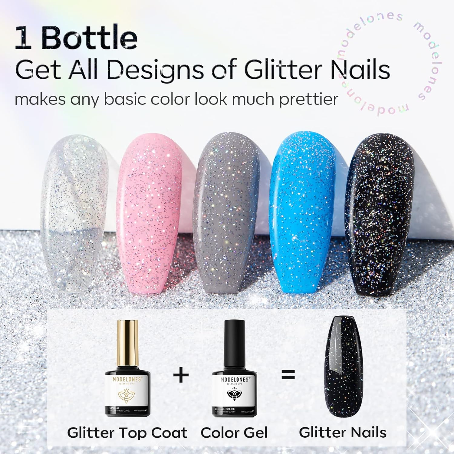 Modelones Glitter Gel Top Coat, Iridescent Silver Mix Glitter Gel Polish No Wipe Top Coat Glossy Sparkly Finish Long Lasting Soak off Rainbow Shimmer Glitter Gel Nail Polish Nail Art Manicure, 10Ml image number 6