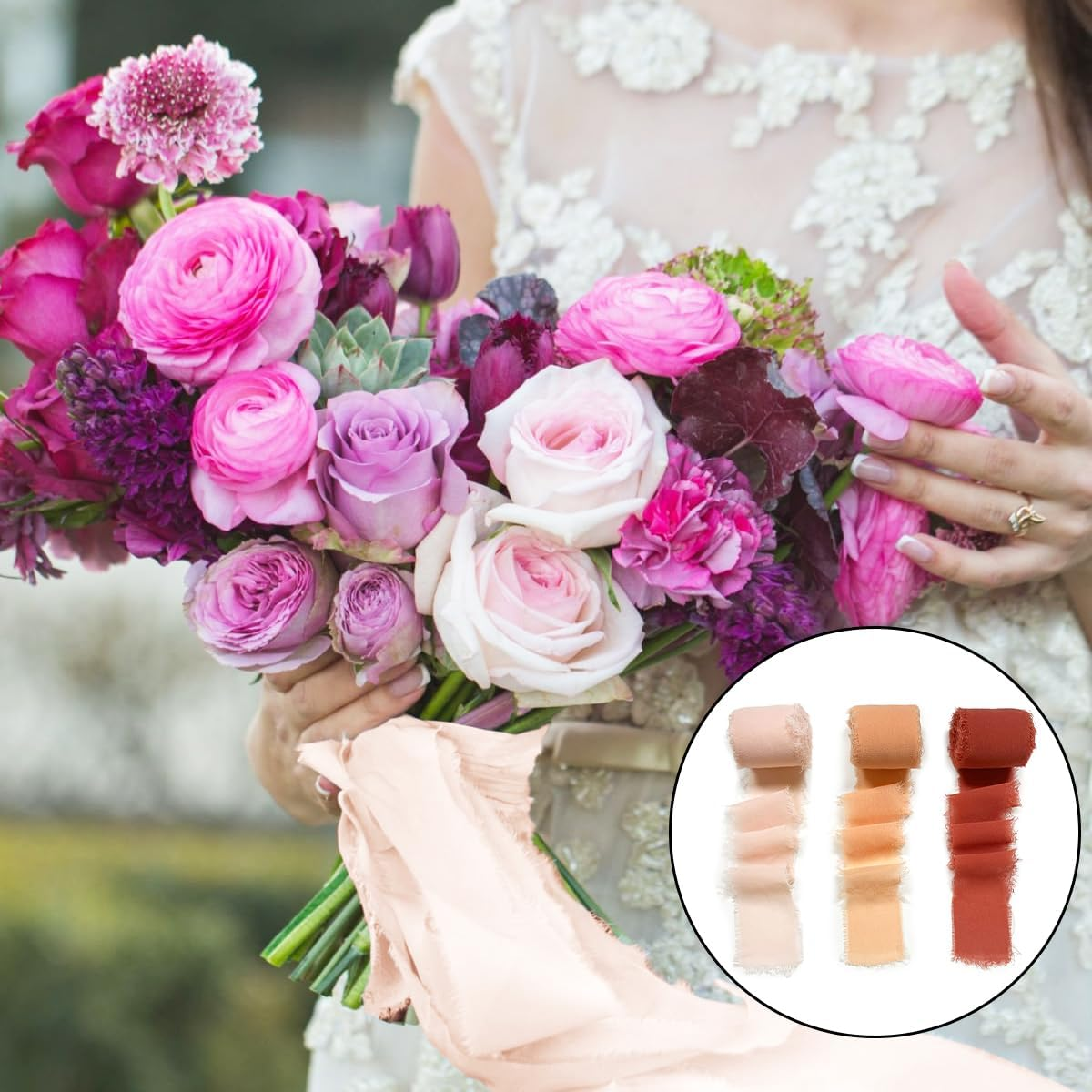 Chiffon Ribbons, 3 Rolls Handmade Fabric Chiffon for Wedding Invitation, Flower, Bouquet, Gift Wrapping, DIY Crafts (4Cm X 5M/1.57In X 16Ft) image number 6