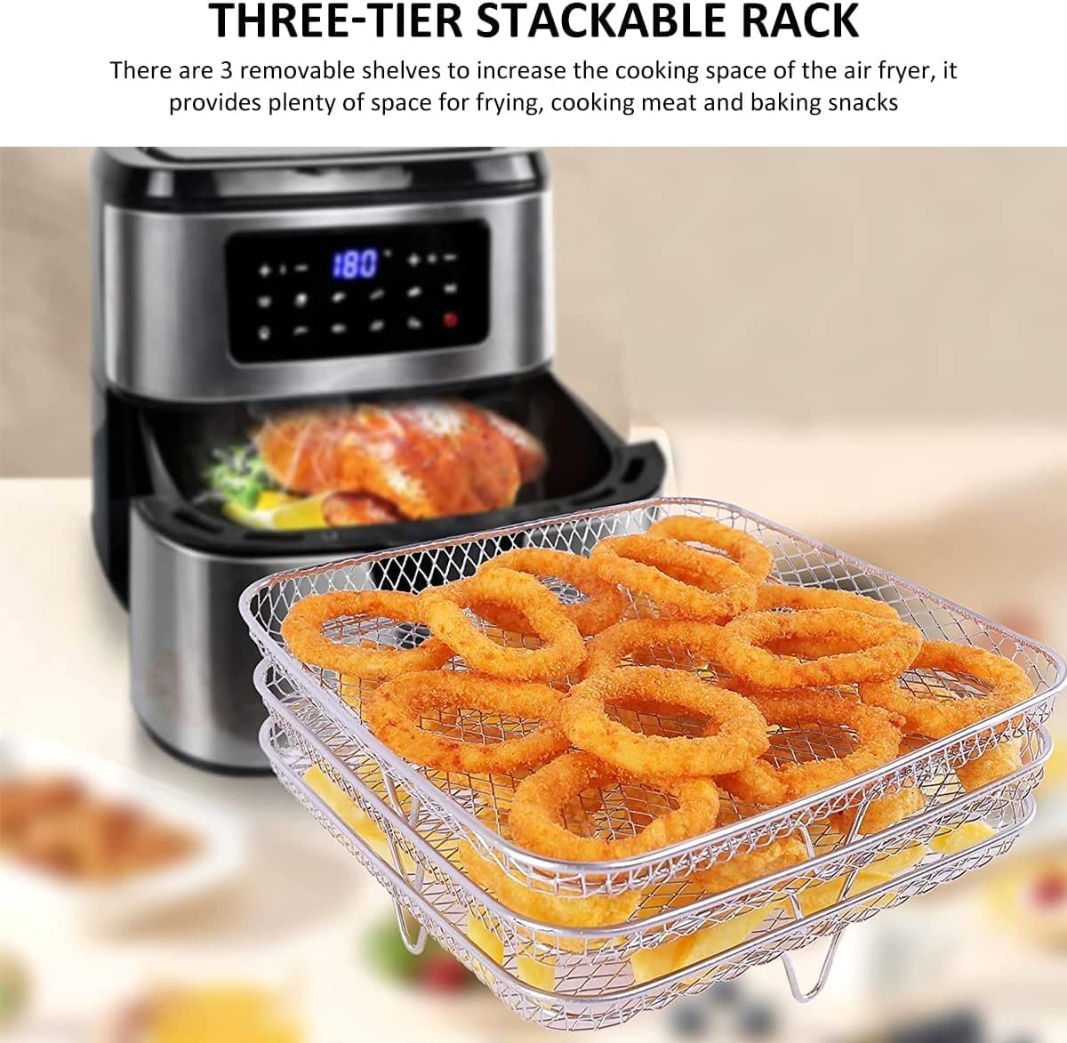 3-Layer Air Fryer Rack,Stainless Steel Stackable Dehydrator Rack with Clipper and 8Pcs Silicone Feet Air Fryer Basket Tray for Baking and Cooking (Square)