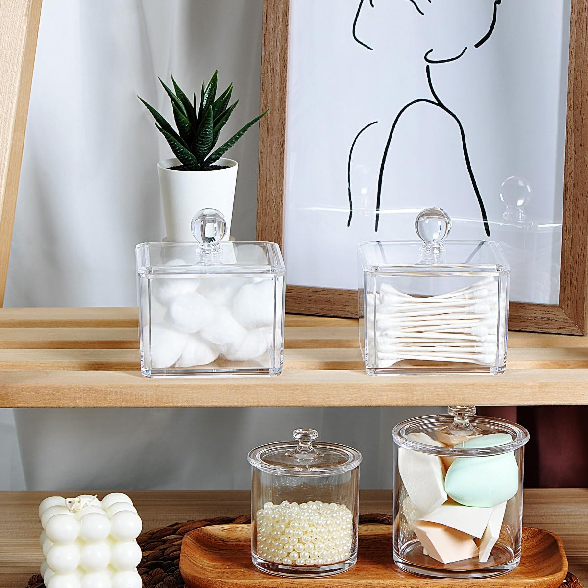 Modern Square Qtip Holder Acrylic Bathroom Vanity Countertop Storage Organizer Canister Jar for Cotton Swabs, Rounds, Balls, Makeup Sponges, Bath Salts - 1 Pack - Clear image number 1
