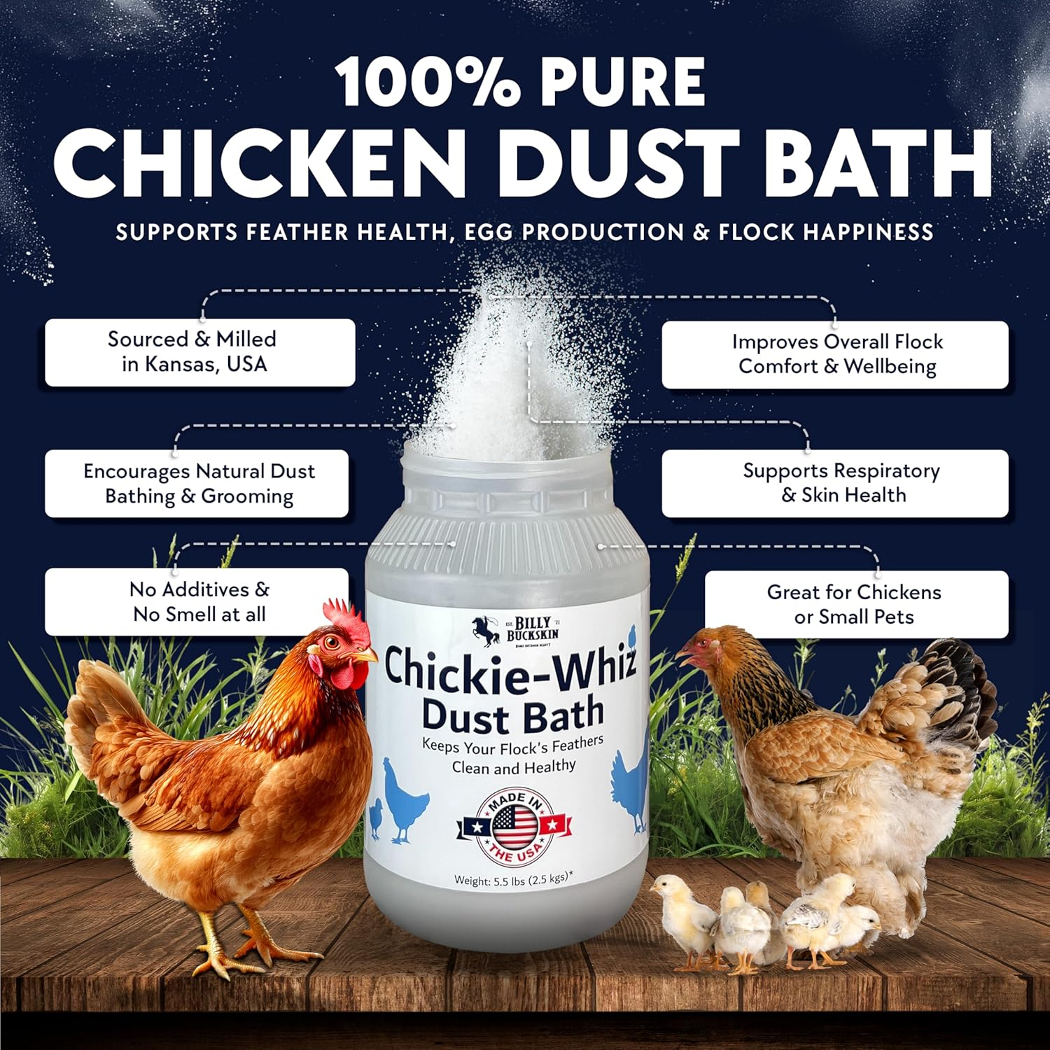 BILLY BUCKSKIN HOME & BEAUTY Chickie - Whiz Dust Bath, Chicken Dust Bath, Keeps Feathers and Chickens Healthy, Durable Tub with Screw Cap, 5.5 Lb image number 1