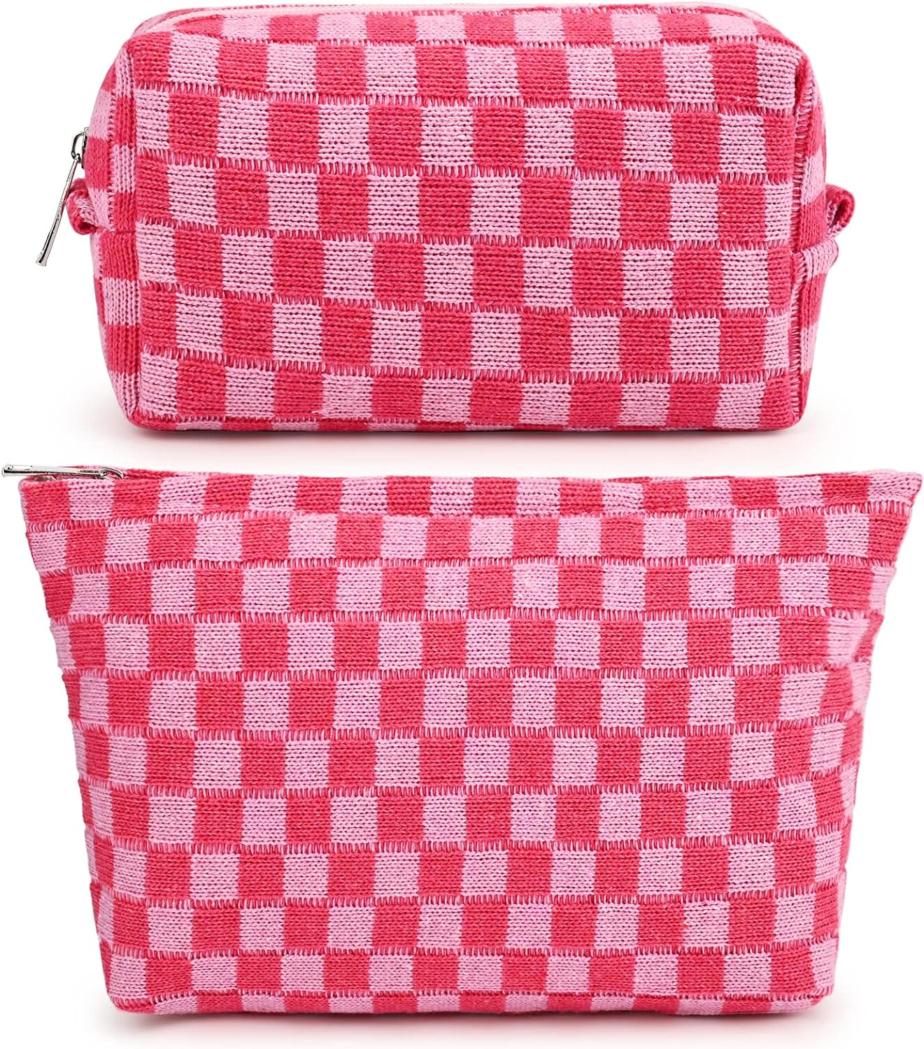 SOIDRAM 2 Pieces Makeup Bag Large Checkered Cosmetic Bag Pink Capacity Canvas Travel Toiletry Bag Organizer Cute Makeup Brushes Aesthetic Accessories Storage Bag for Women image number 1