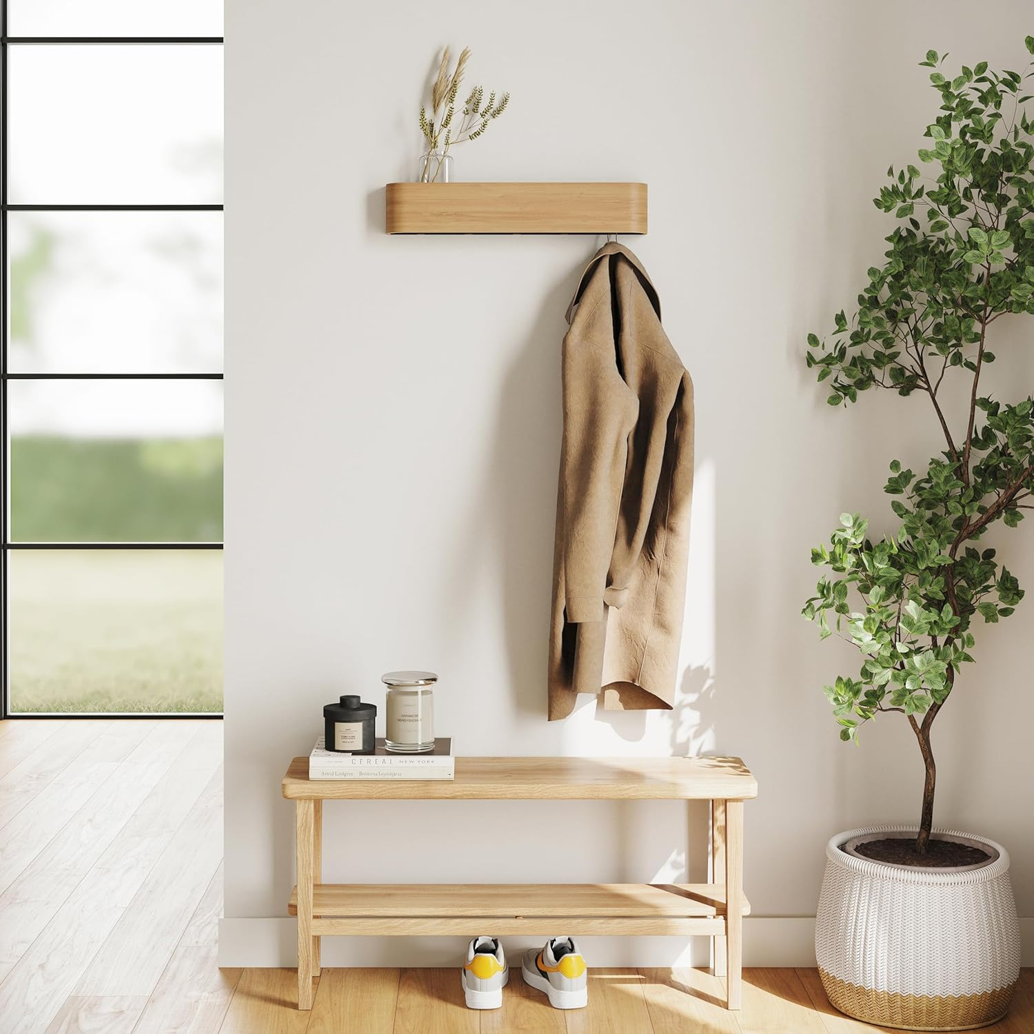 Kazai. Wall-Mounted Coat Rack 'Toke' | Modern Design Coat Rack with Hidden Wall Hooks | Solid Wood Veneer Panel Coat Hanger | Oak image number 6