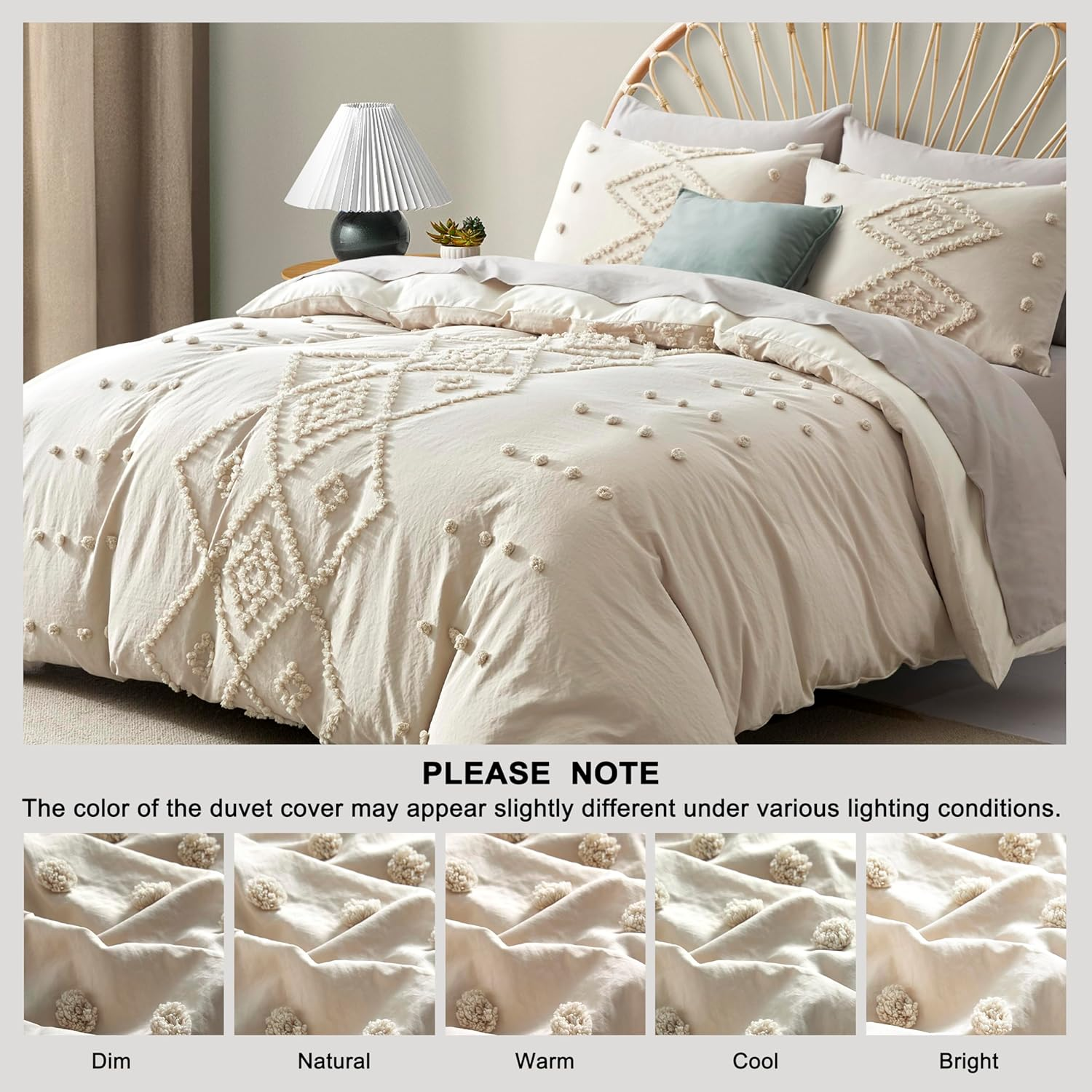 Oli Anderson Tufted Duvet Cover King Size, Soft and Lightweight Duvet Covers Set for All Seasons, 3 Pieces Boho Embroidery Shabby Chic Bedding Set (Beige, King, 104&rsquo;&rsquo; X 90&rsquo;&rsquo;) image number 6